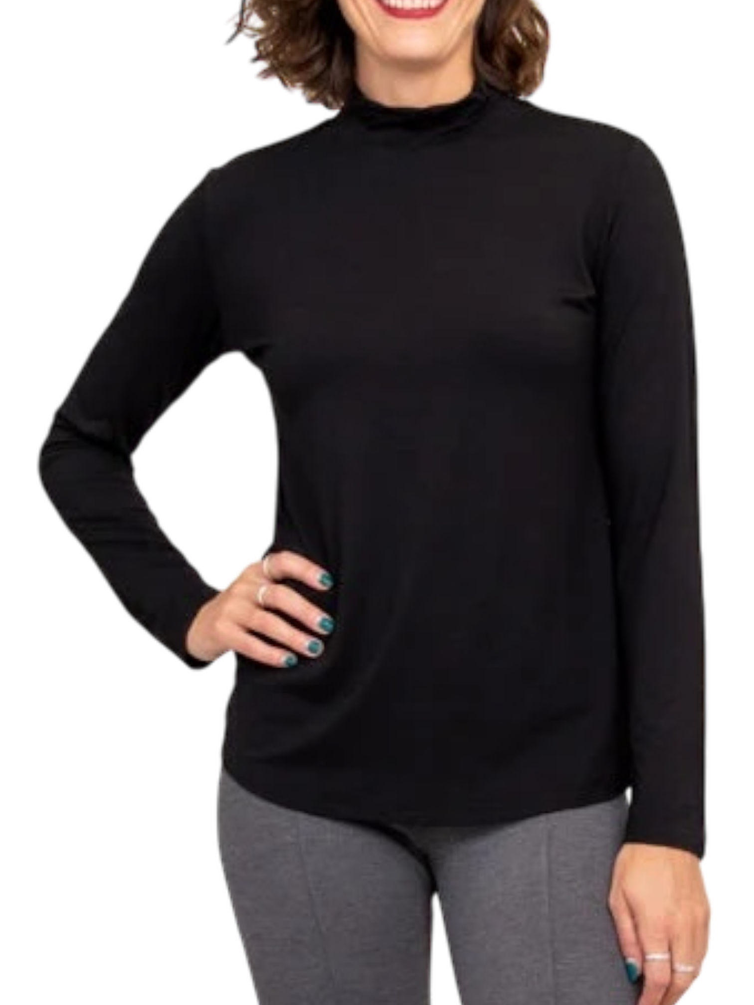 Tonya Black Bamboo Mock Neck Top by Blue Sky Clothing Co – Handmade ethical Top from sariKNOTsari using upcycled silk. Designed in Canada for travel and slow fashion, loved from Toronto to LA to Sydney.