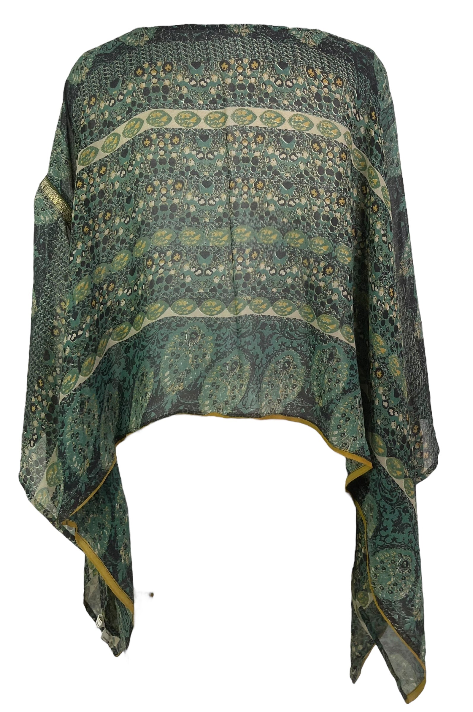 PREVIEW PRG7907 Sheer Pure Silk Wabi Sabi Capelet Poncho by DECEMBER2025 – Handmade ethical Poncho from sariKNOTsari using upcycled silk. Designed in Canada for travel and slow fashion, loved from Toronto to LA to Sydney.