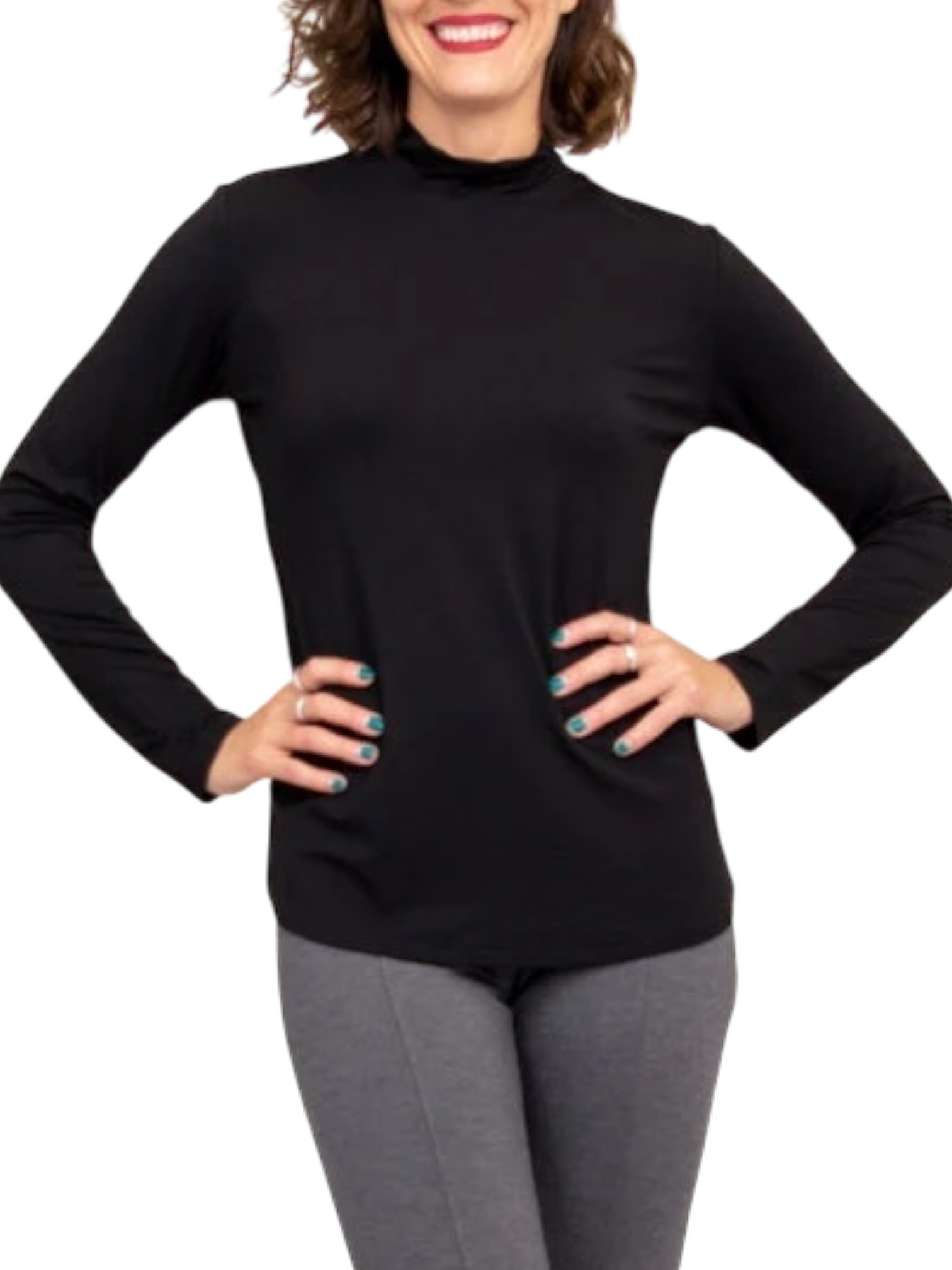 Tonya Black Bamboo Mock Neck Top by Blue Sky Clothing Co – Handmade ethical Top from sariKNOTsari using upcycled silk. Designed in Canada for travel and slow fashion, loved from Toronto to LA to Sydney.