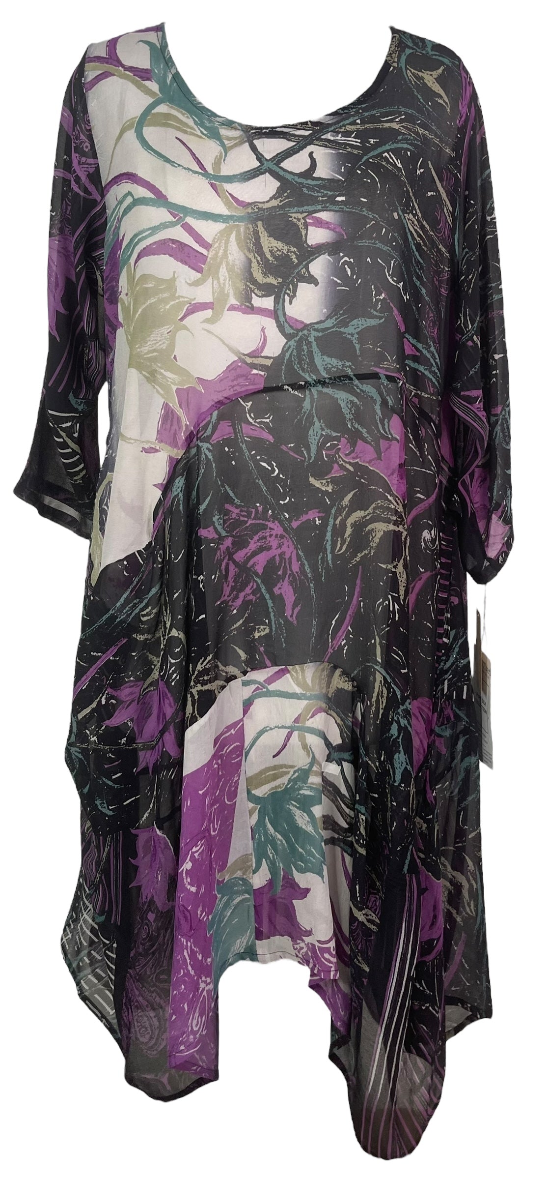 PRG7986 Sheer Wabi Sabi Sculptural Silk Long Tunic Dress by DECEMBER2025 – Handmade ethical Sculptural Dress from sariKNOTsari using upcycled silk. Designed in Canada for travel and slow fashion, loved from Toronto to LA to Sydney.