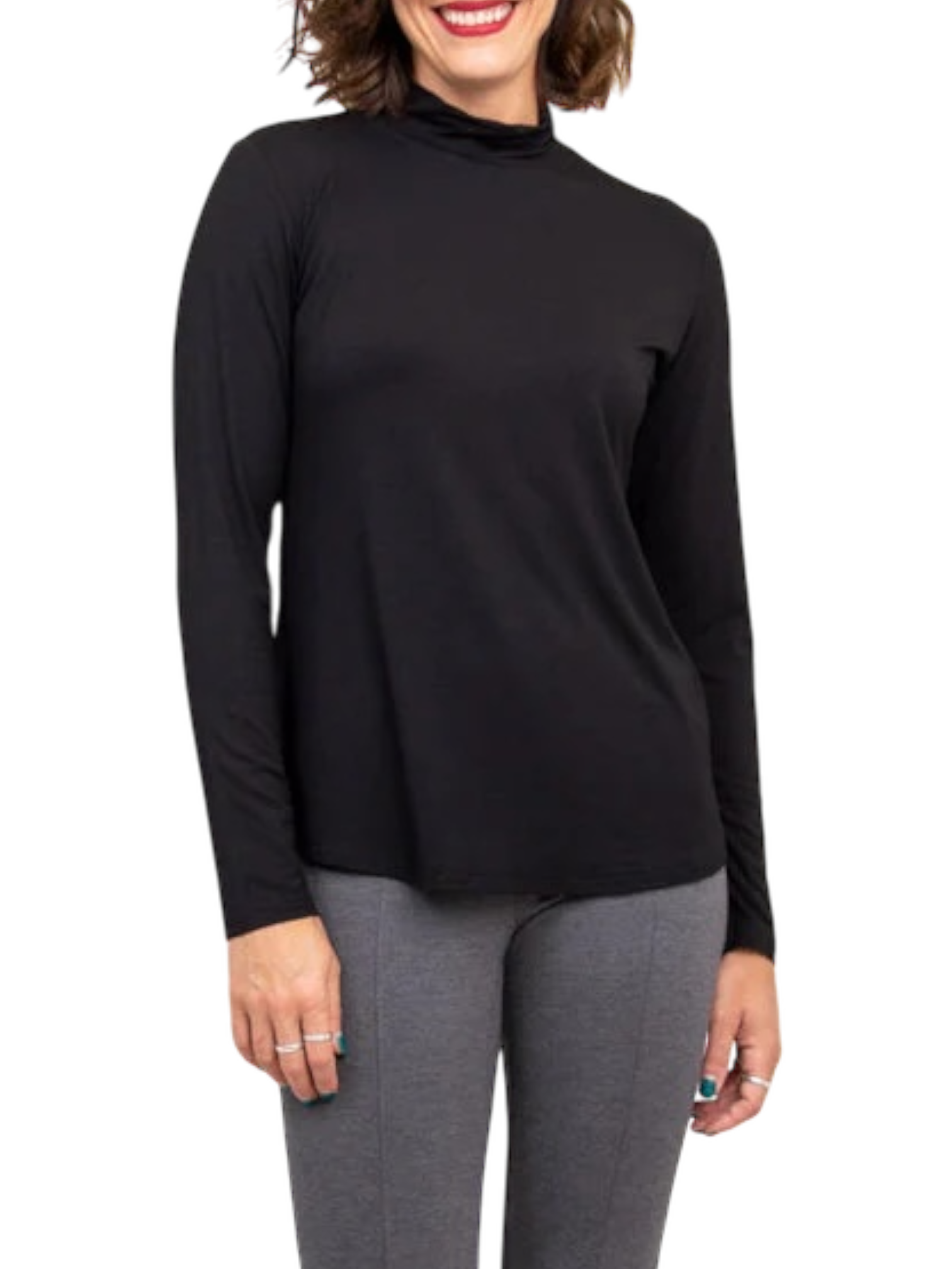 Tonya Black Bamboo Mock Neck Top by Blue Sky Clothing Co – Handmade ethical Top from sariKNOTsari using upcycled silk. Designed in Canada for travel and slow fashion, loved from Toronto to LA to Sydney.