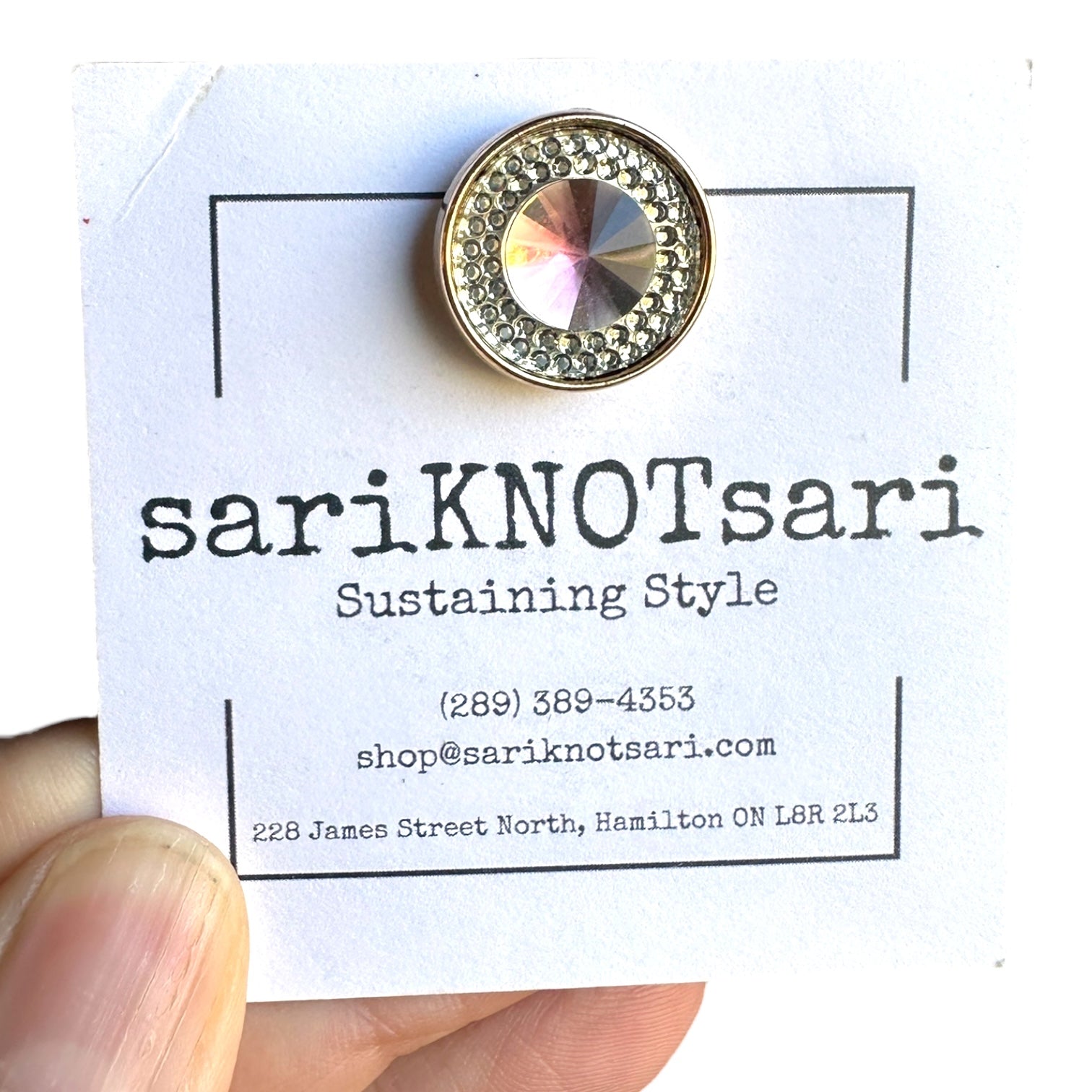 Pink Gem with Rhinestones Magnetic Button by Magnet – Handmade ethical Brooch from sariKNOTsari using upcycled silk. Designed in Canada for travel and slow fashion, loved from Toronto to LA to Sydney. Featuring Zsiska, Bryn Walker and Artisan Leather coats by Rejean Pepin, Pepin designs