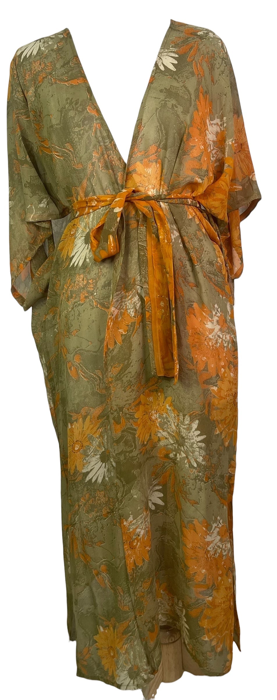 PRG8570 Sheer Avatar Long Pure Silk Kimono Sleeved Duster with Belt