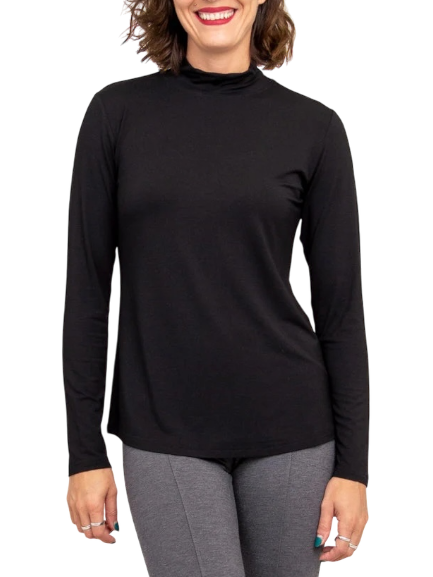 Tonya Black Bamboo Mock Neck Top by Blue Sky Clothing Co – Handmade ethical Top from sariKNOTsari using upcycled silk. Designed in Canada for travel and slow fashion, loved from Toronto to LA to Sydney.