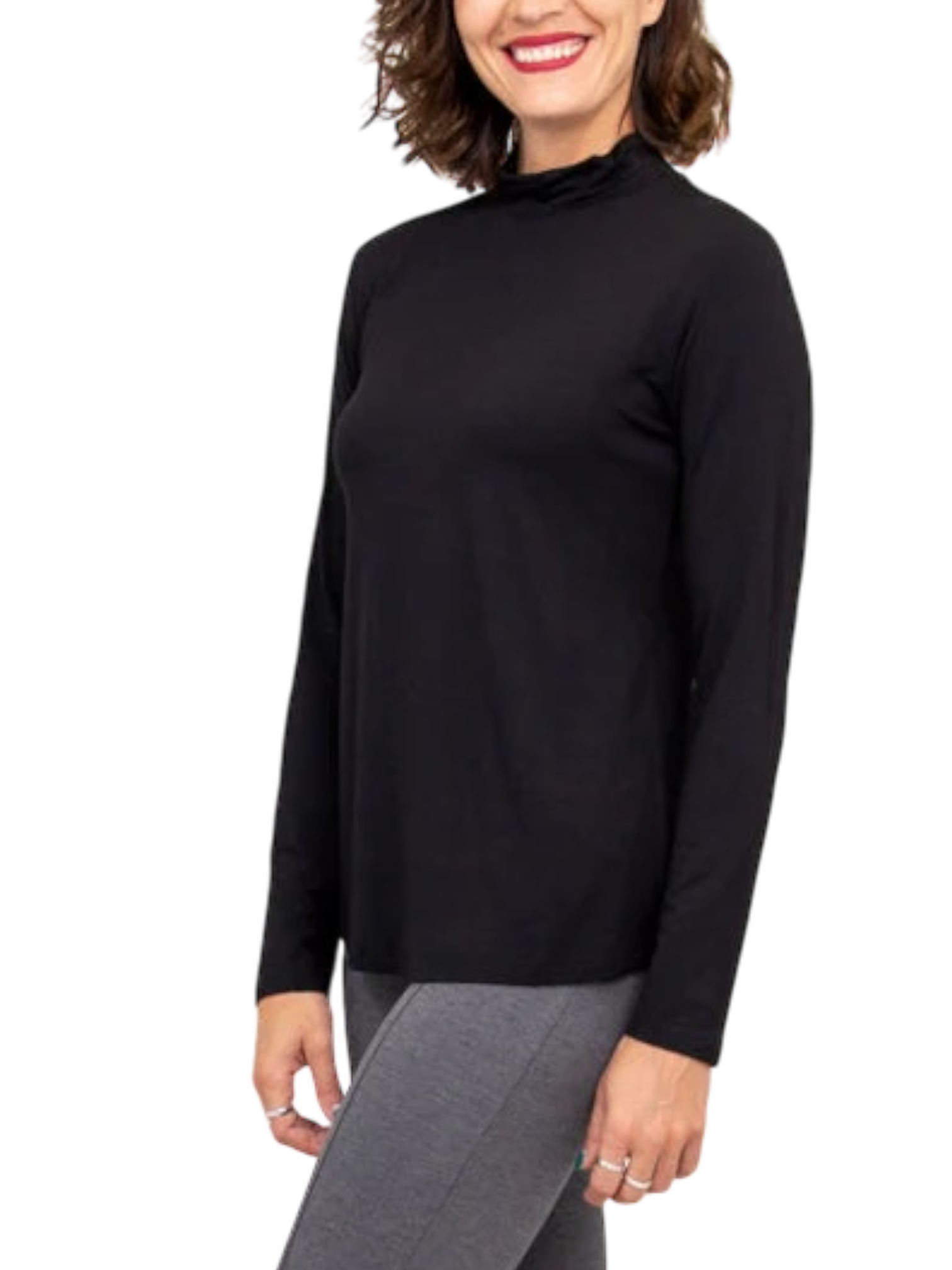 Tonya Black Bamboo Mock Neck Top by Blue Sky Clothing Co – Handmade ethical Top from sariKNOTsari using upcycled silk. Designed in Canada for travel and slow fashion, loved from Toronto to LA to Sydney.