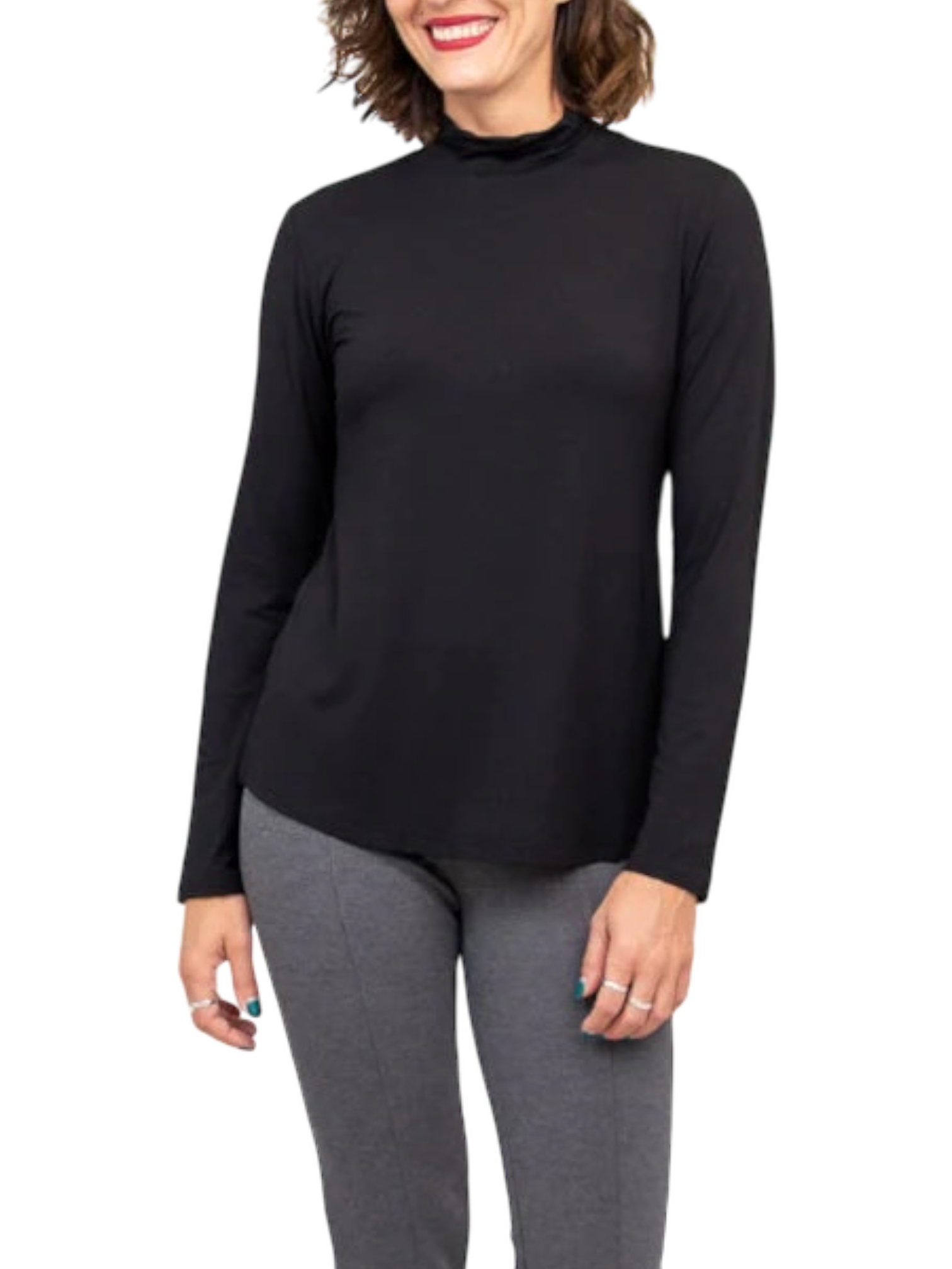 Tonya Black Bamboo Mock Neck Top by Blue Sky Clothing Co – Handmade ethical Top from sariKNOTsari using upcycled silk. Designed in Canada for travel and slow fashion, loved from Toronto to LA to Sydney.