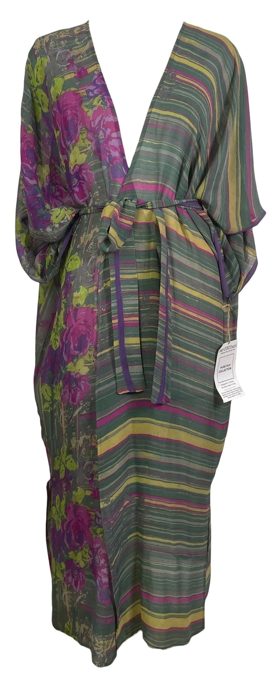 PREVIEW PRG8674 Sheer Avatar Long Pure Silk Kimono Sleeved Duster with Belt by MARCH2026 – Handmade ethical Long Kimono from sariKNOTsari using upcycled silk. Designed in Canada for travel and slow fashion, loved from Toronto to LA to Sydney. Featuring Zsiska, Bryn Walker and Artisan Leather coats by Rejean Pepin, Pepin designs