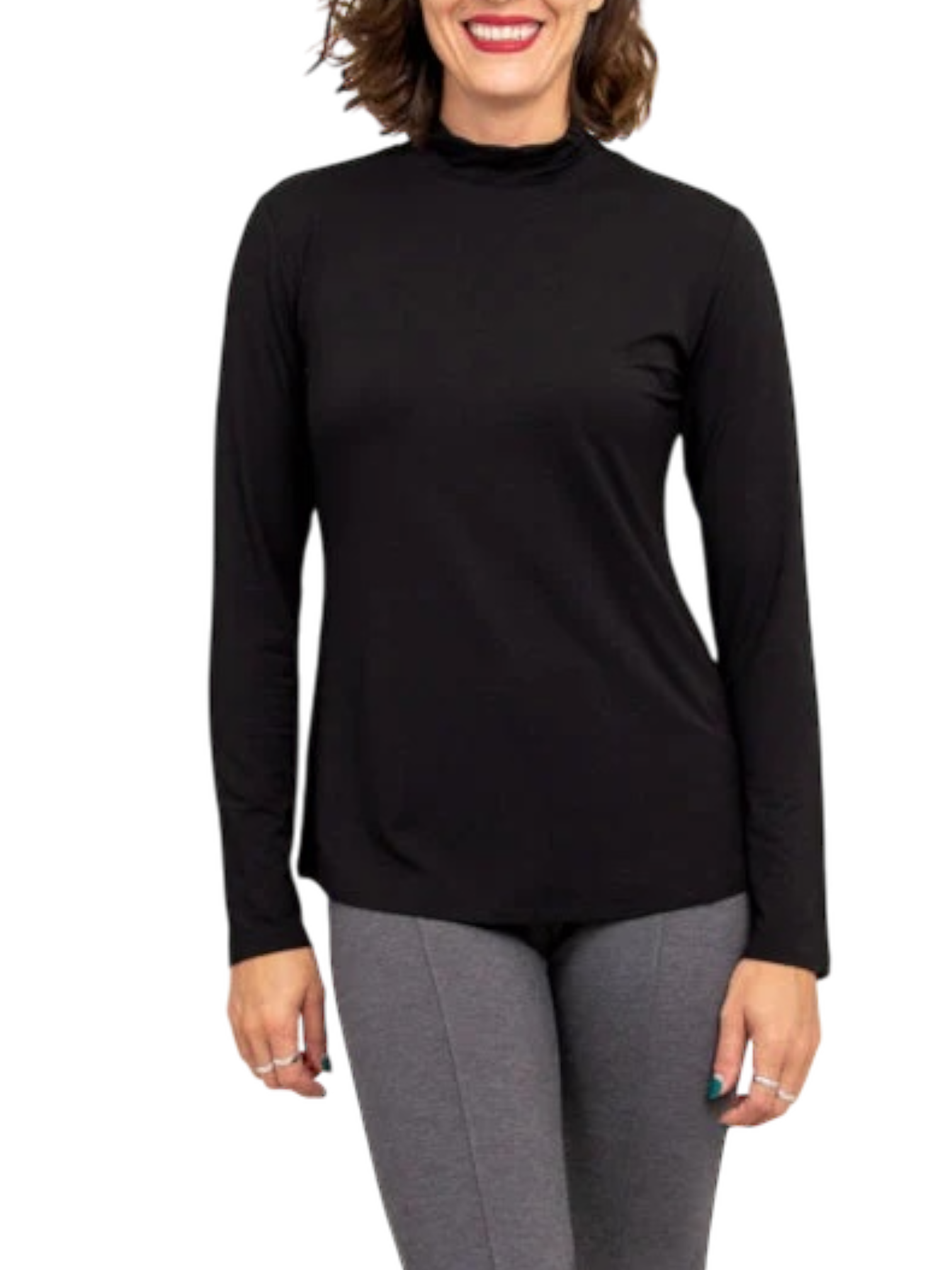 Tonya Black Bamboo Mock Neck Top by Blue Sky Clothing Co – Handmade ethical Top from sariKNOTsari using upcycled silk. Designed in Canada for travel and slow fashion, loved from Toronto to LA to Sydney.