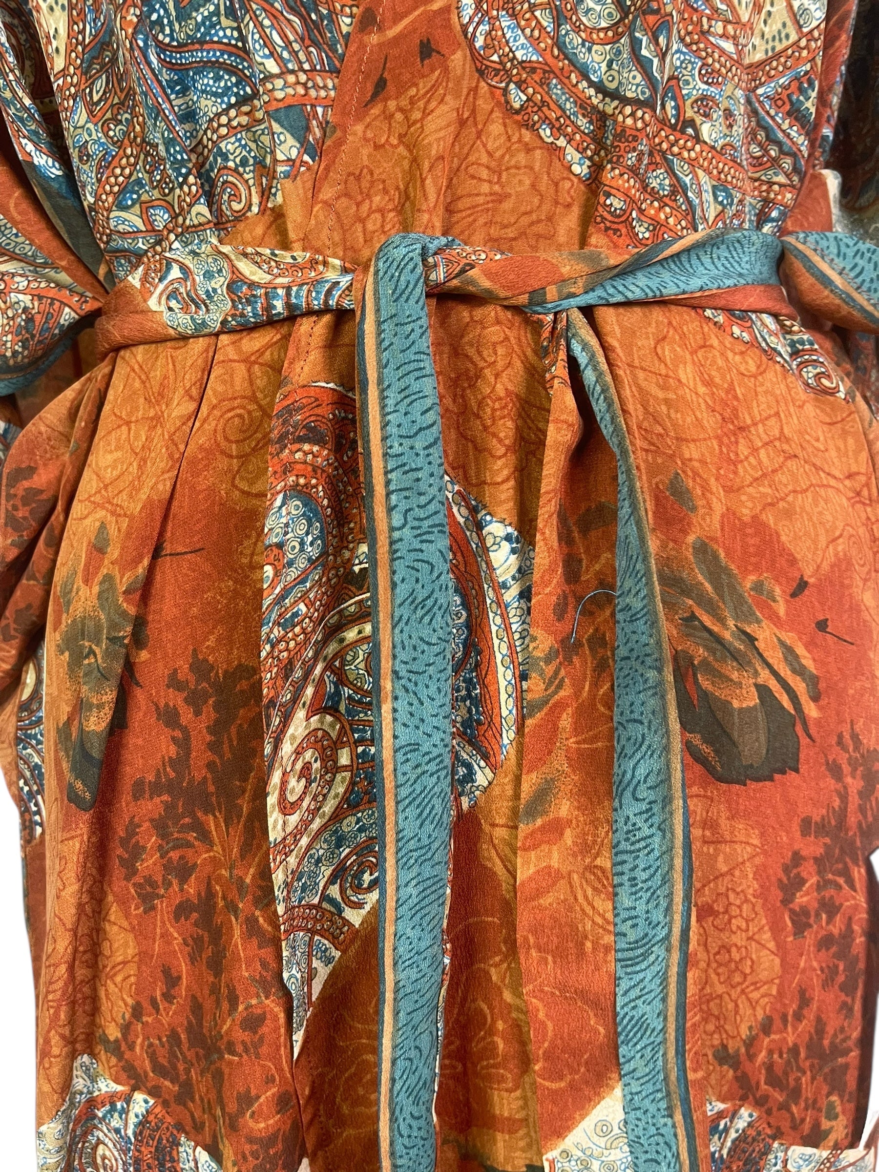 PRC8547 Avatar Long Pure Silk Kimono Sleeved Duster with Belt by Kerri – Handmade ethical Long Kimono from sariKNOTsari using upcycled silk. Designed in Canada for travel and slow fashion, loved from Toronto to LA to Sydney.