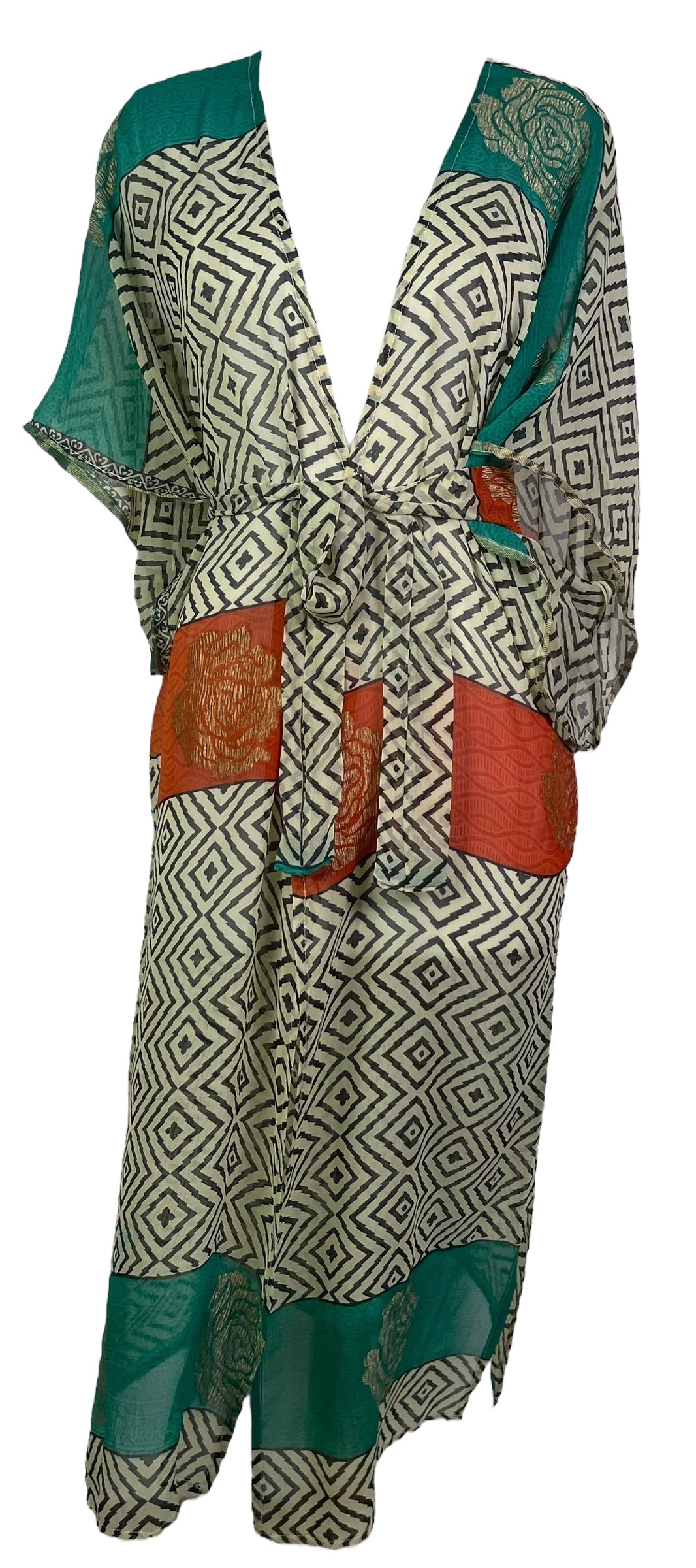 PRG7632 Sheer Wabi Sabi Pure Silk Kimono Sleeved Duster with Belt