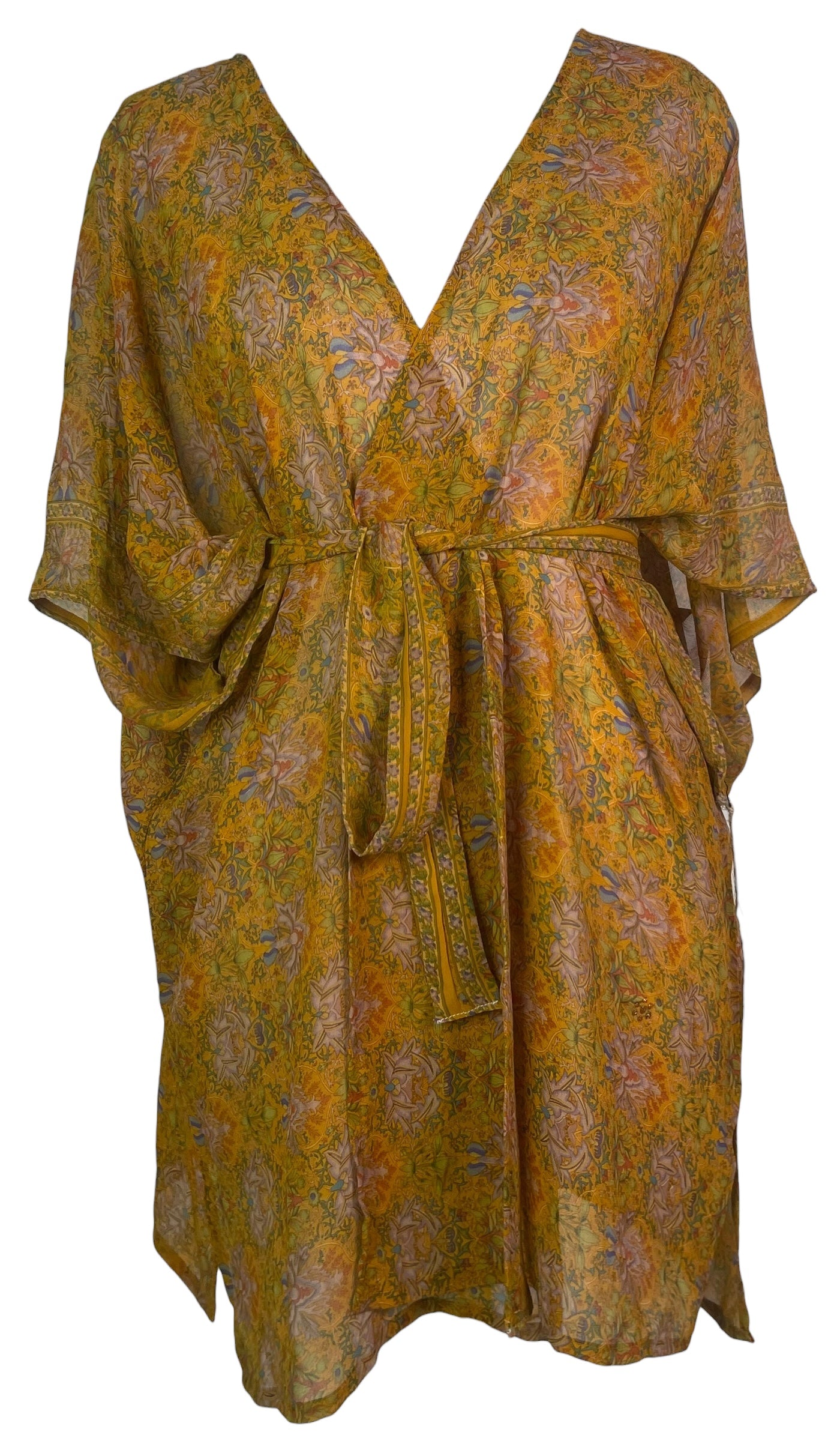 PREVIEW PRG8527 Sheer Avatar Pure Silk Kimono-Sleeved Jacket with Belt by FEBRUARY2026 – Handmade ethical Short Kimono from sariKNOTsari using upcycled silk. Designed in Canada for travel and slow fashion, loved from Toronto to LA to Sydney.