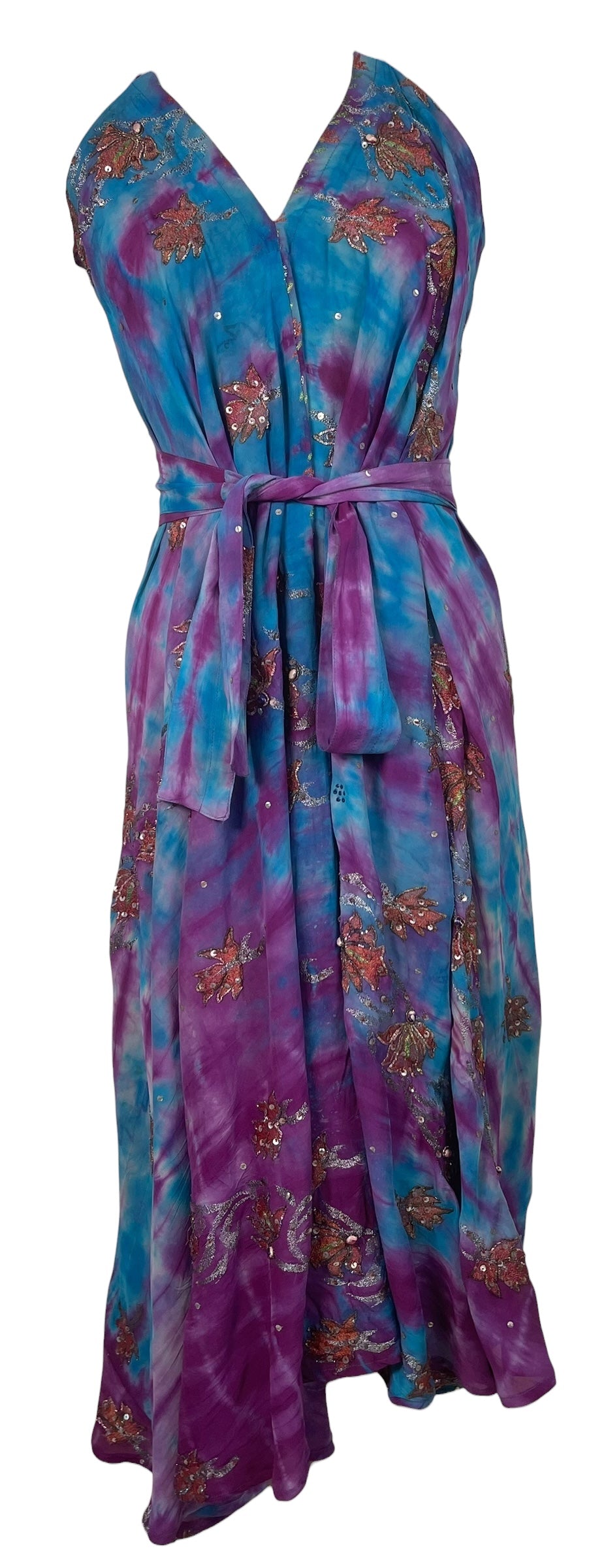 PROBLEM PREVIEW PRC8640 Avatar Pure Silk Maxi Dress with Belt by MARCH2026 – Handmade ethical Maxi Dress from sariKNOTsari using upcycled silk. Designed in Canada for travel and slow fashion, loved from Toronto to LA to Sydney. Featuring Zsiska, Bryn Walker and Artisan Leather coats by Rejean Pepin, Pepin designs