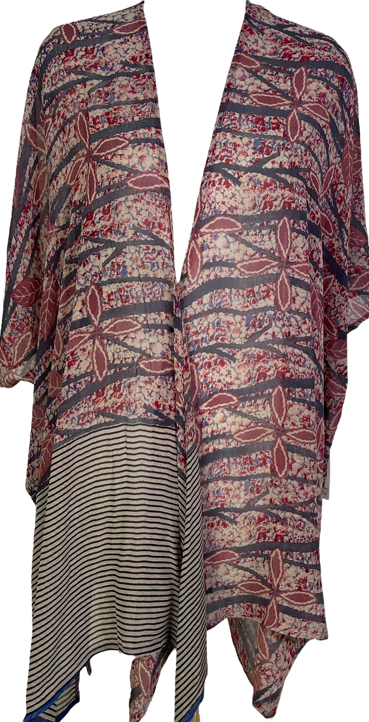 Floral patterned kimono-style garment on a mannequin with a white background