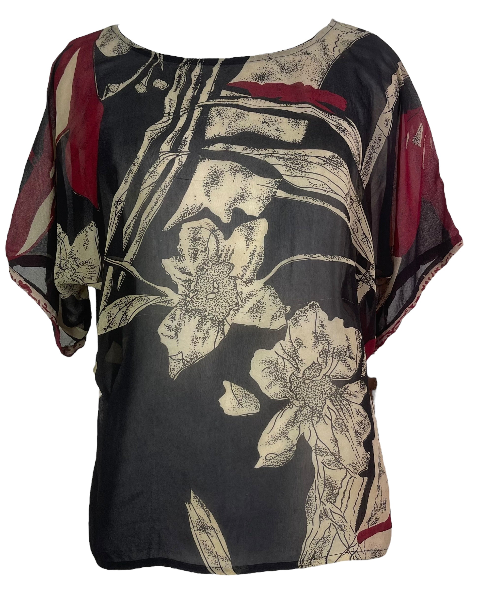 MARKETING PRG8103 Sheer Wabi Sabi Pure Silk Side Slit Top by MARKETING – Handmade ethical Side Slit Top from sariKNOTsari using upcycled silk. Designed in Canada for travel and slow fashion, loved from Toronto to LA to Sydney.