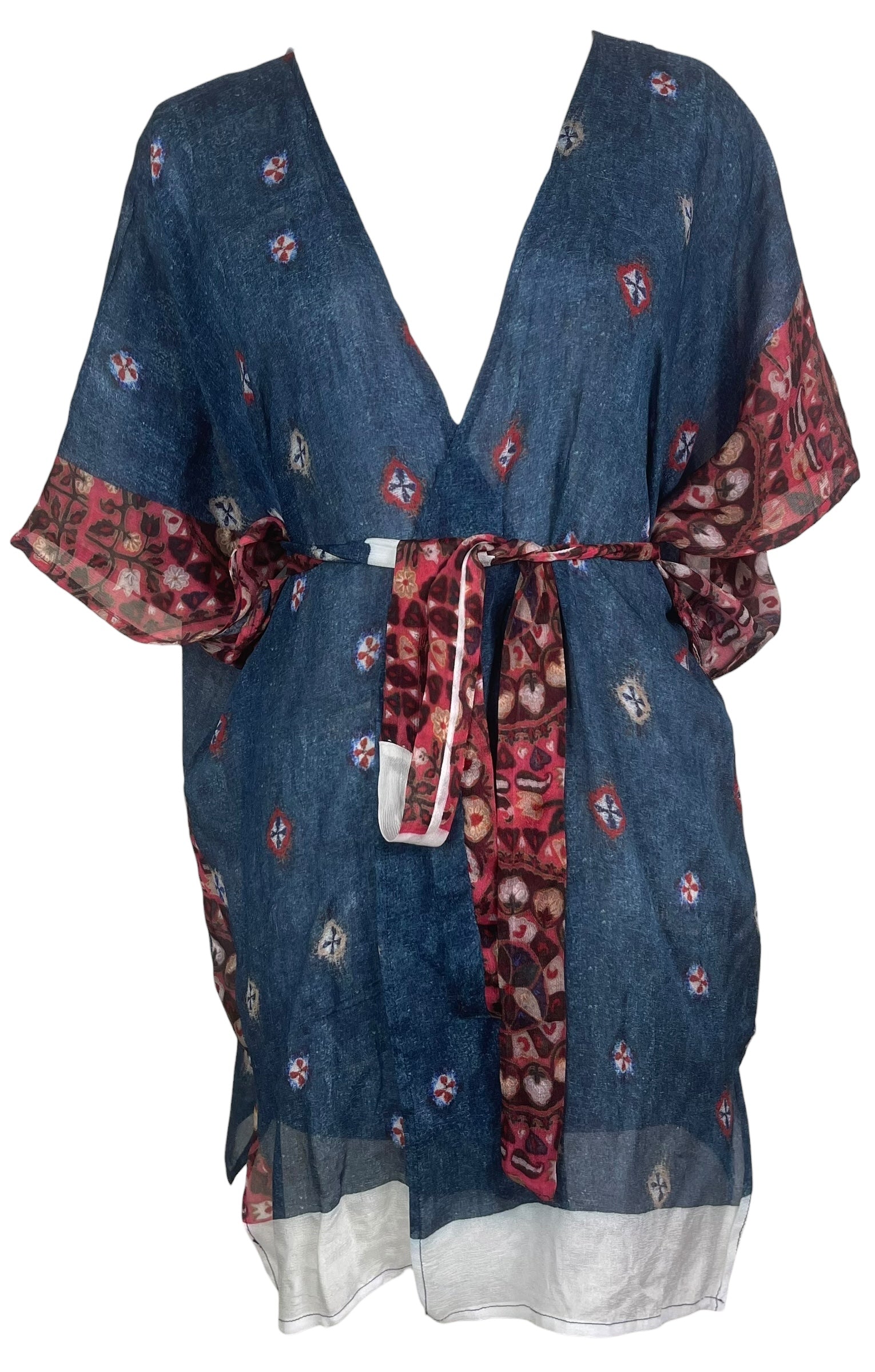 PRG8517 Sheer Avatar Pure Silk Kimono-Sleeved Jacket with Belt by FEBRUARY2026 – Handmade ethical Short Kimono from sariKNOTsari using upcycled silk. Designed in Canada for travel and slow fashion, loved from Toronto to LA to Sydney.