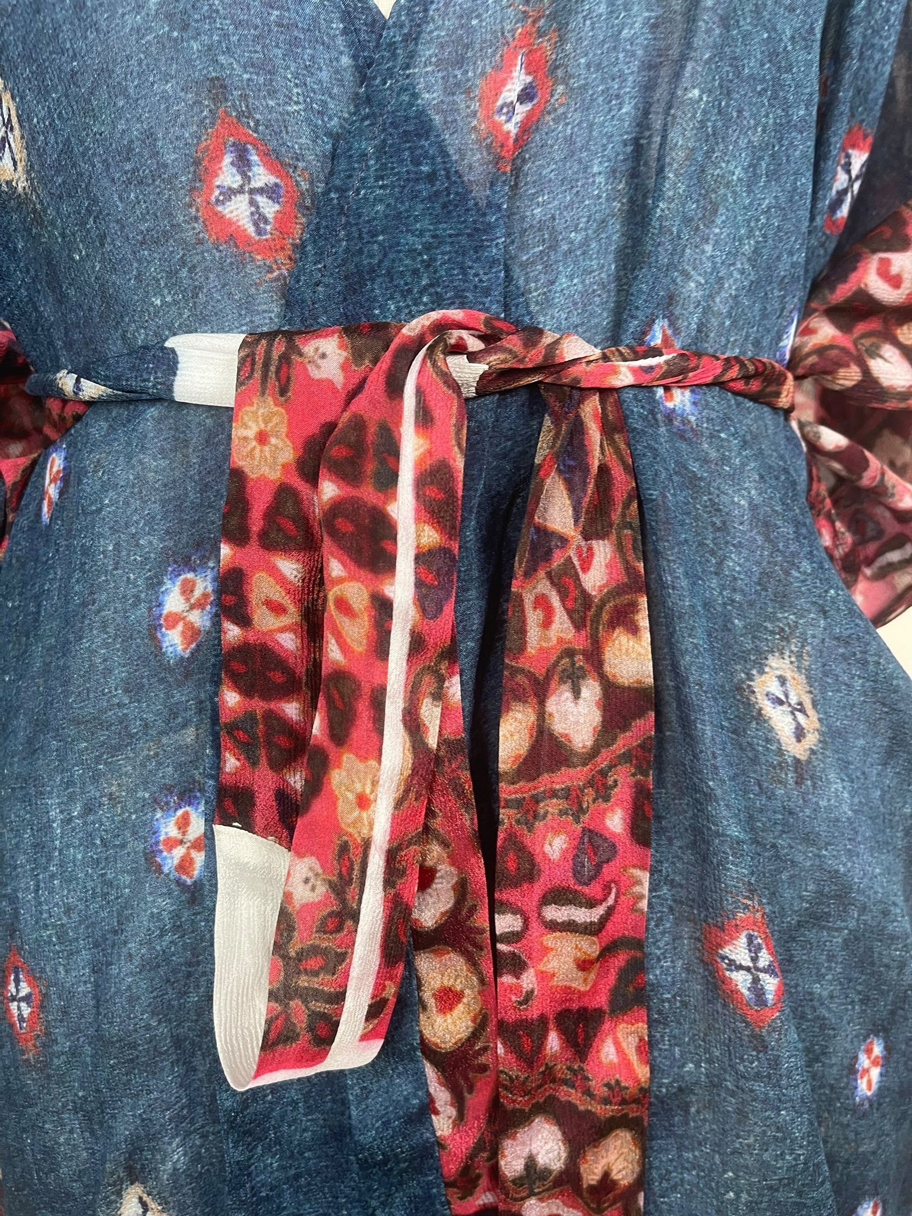 PRG8517 Sheer Avatar Pure Silk Kimono-Sleeved Jacket with Belt by FEBRUARY2026 – Handmade ethical Short Kimono from sariKNOTsari using upcycled silk. Designed in Canada for travel and slow fashion, loved from Toronto to LA to Sydney.