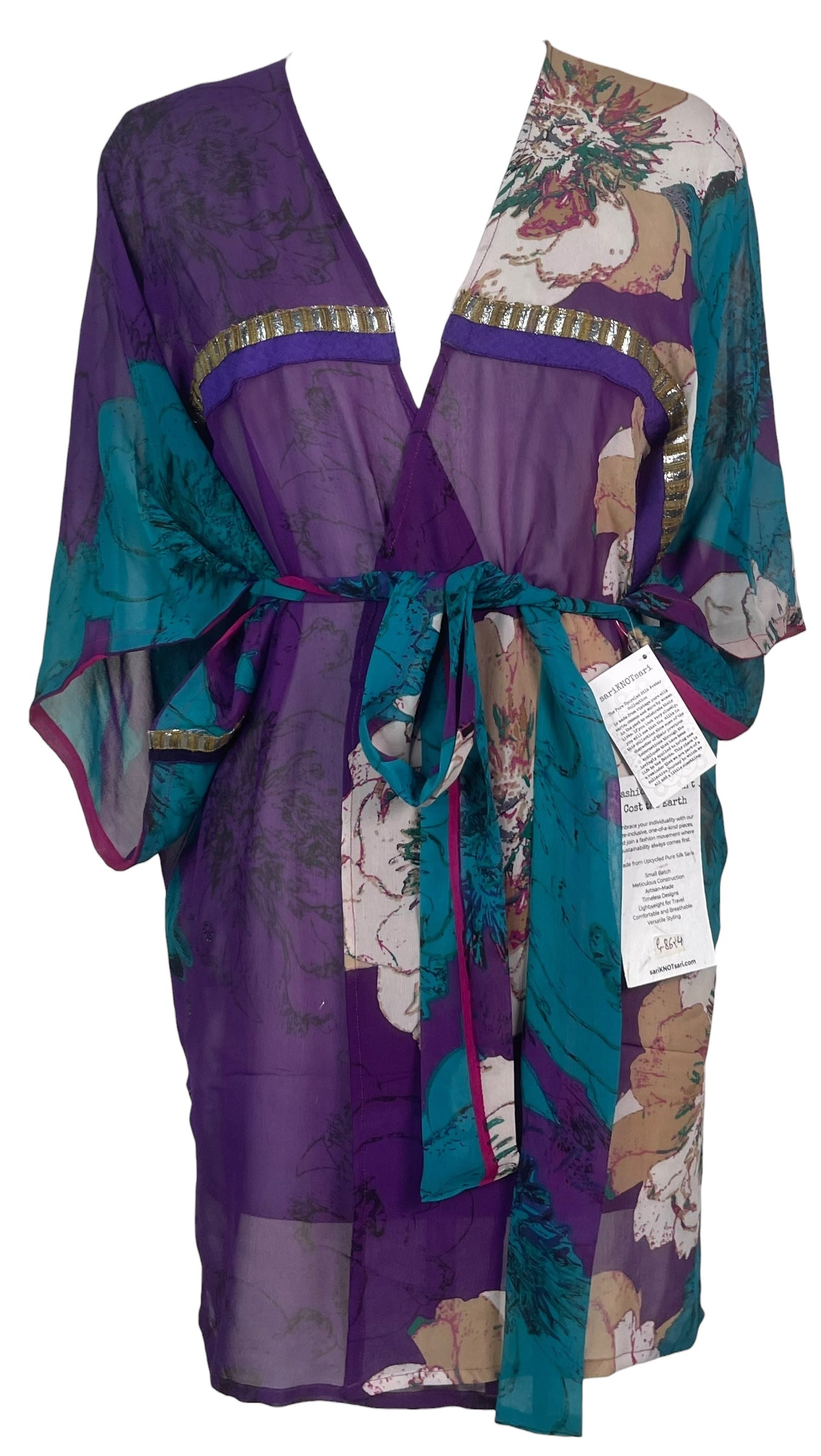 PREVIEW PRG8624 Sheer Avatar Pure Silk Kimono-Sleeved Jacket with Belt by FEBRUARY2026 – Handmade ethical Short Kimono from sariKNOTsari using upcycled silk. Designed in Canada for travel and slow fashion, loved from Toronto to LA to Sydney.