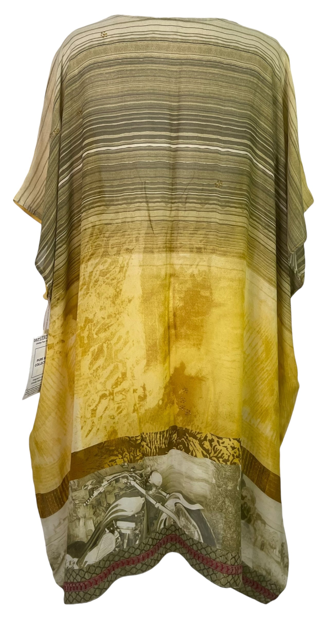 PREVIEW PRG8442 Sheer Avatar Pure Silk Midi Length Kaftan by MARCH2026 – Handmade ethical Midi Length Kaftan from sariKNOTsari using upcycled silk. Designed in Canada for travel and slow fashion, loved from Toronto to LA to Sydney. Featuring Zsiska, Bryn Walker and Artisan Leather coats by Rejean Pepin, Pepin designs