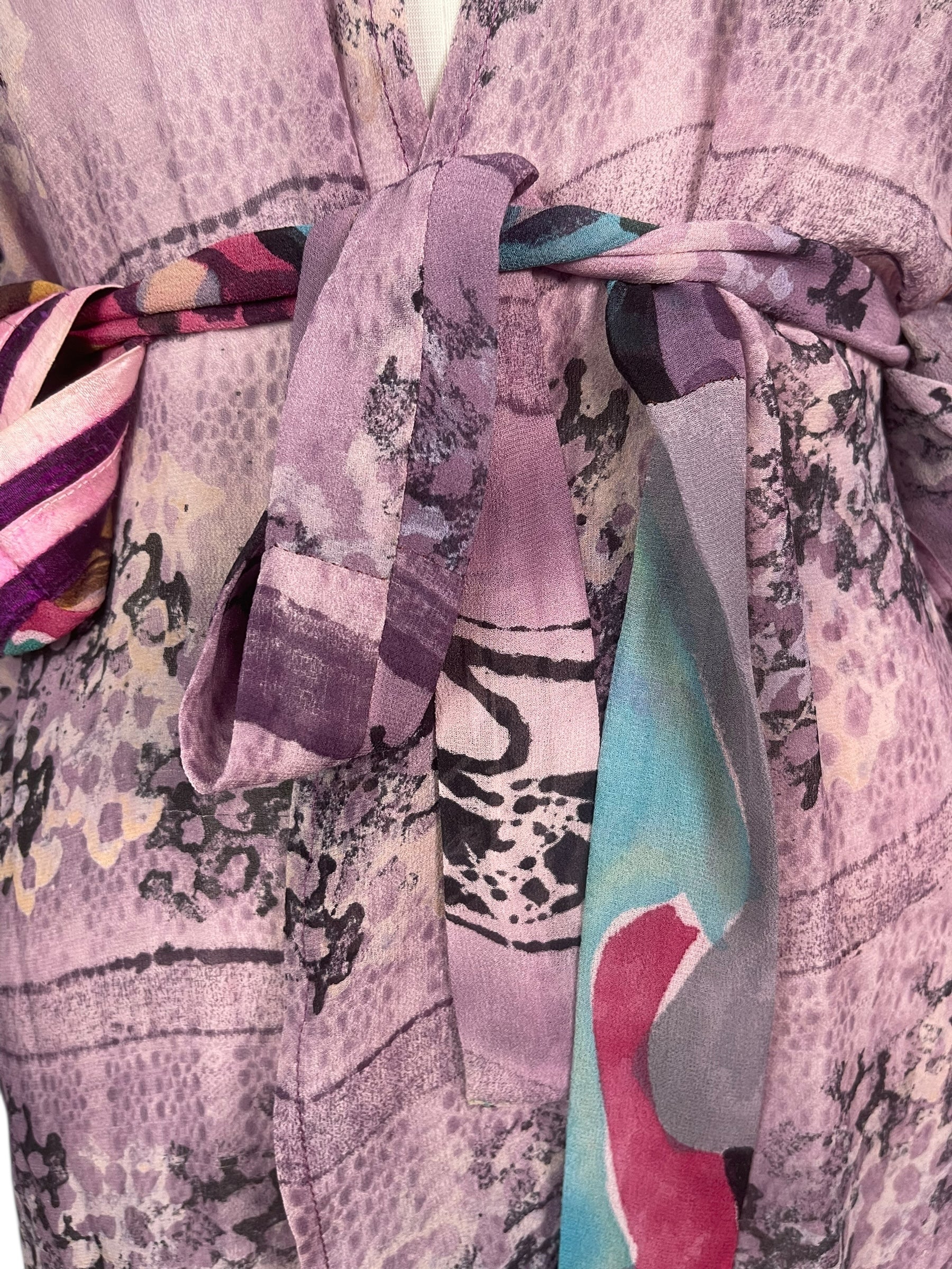 PREVIEW PRG8516 Sheer Wabi Sabi Pure Silk Kimono-Sleeved Jacket with Belt by MARCH2026 – Handmade ethical Short Kimono from sariKNOTsari using upcycled silk. Designed in Canada for travel and slow fashion, loved from Toronto to LA to Sydney. Featuring Zsiska, Bryn Walker and Artisan Leather coats by Rejean Pepin, Pepin designs