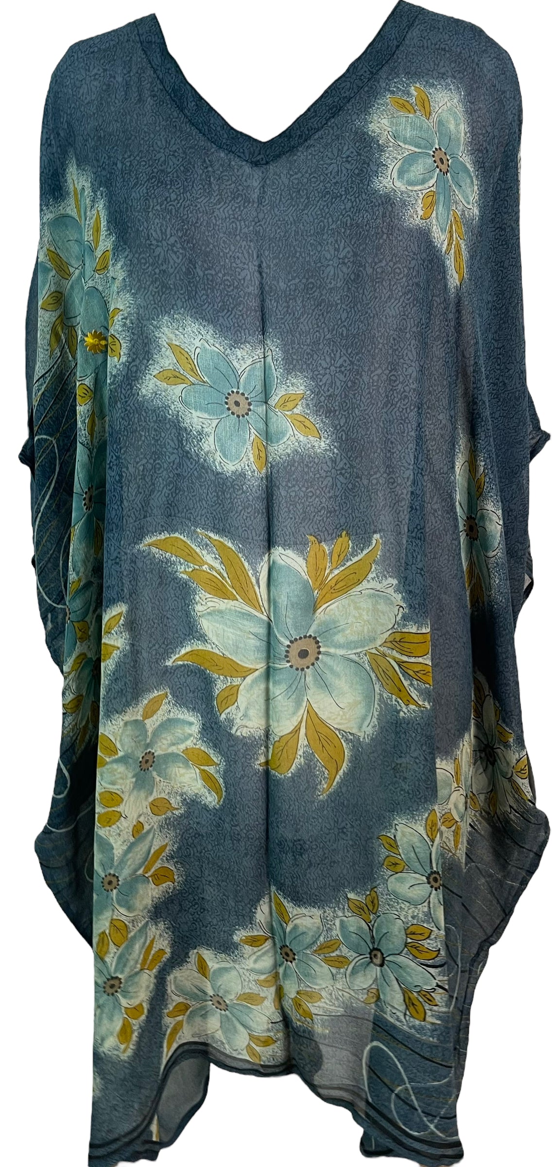PRG6141 Sheer Avatar Pure Silk Midi Length Kaftan by sariKNOTsari – Handmade ethical Midi Length Kaftan from sariKNOTsari using upcycled silk. Designed in Canada for travel and slow fashion, loved from Toronto to LA to Sydney. Featuring Zsiska, Bryn Walker and Artisan Leather coats by Rejean Pepin, Pepin designs
