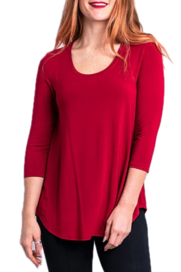 Jazz 3/4 Sleeve Lipstick Bamboo Top by Blue Sky Clothing Co – Handmade ethical Longer Sleeve Top from sariKNOTsari using upcycled silk. Designed in Canada for travel and slow fashion, loved from Toronto to LA to Sydney.