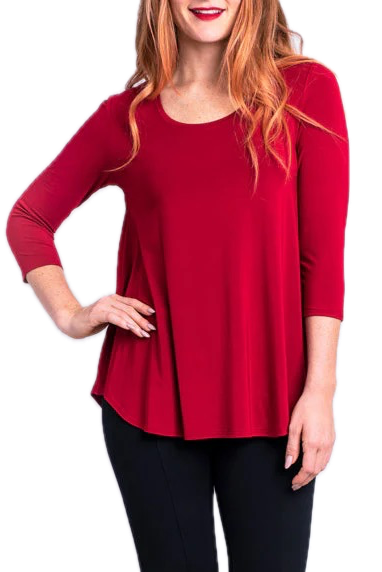 Jazz 3/4 Sleeve Lipstick Bamboo Top by Blue Sky Clothing Co – Handmade ethical Longer Sleeve Top from sariKNOTsari using upcycled silk. Designed in Canada for travel and slow fashion, loved from Toronto to LA to Sydney.