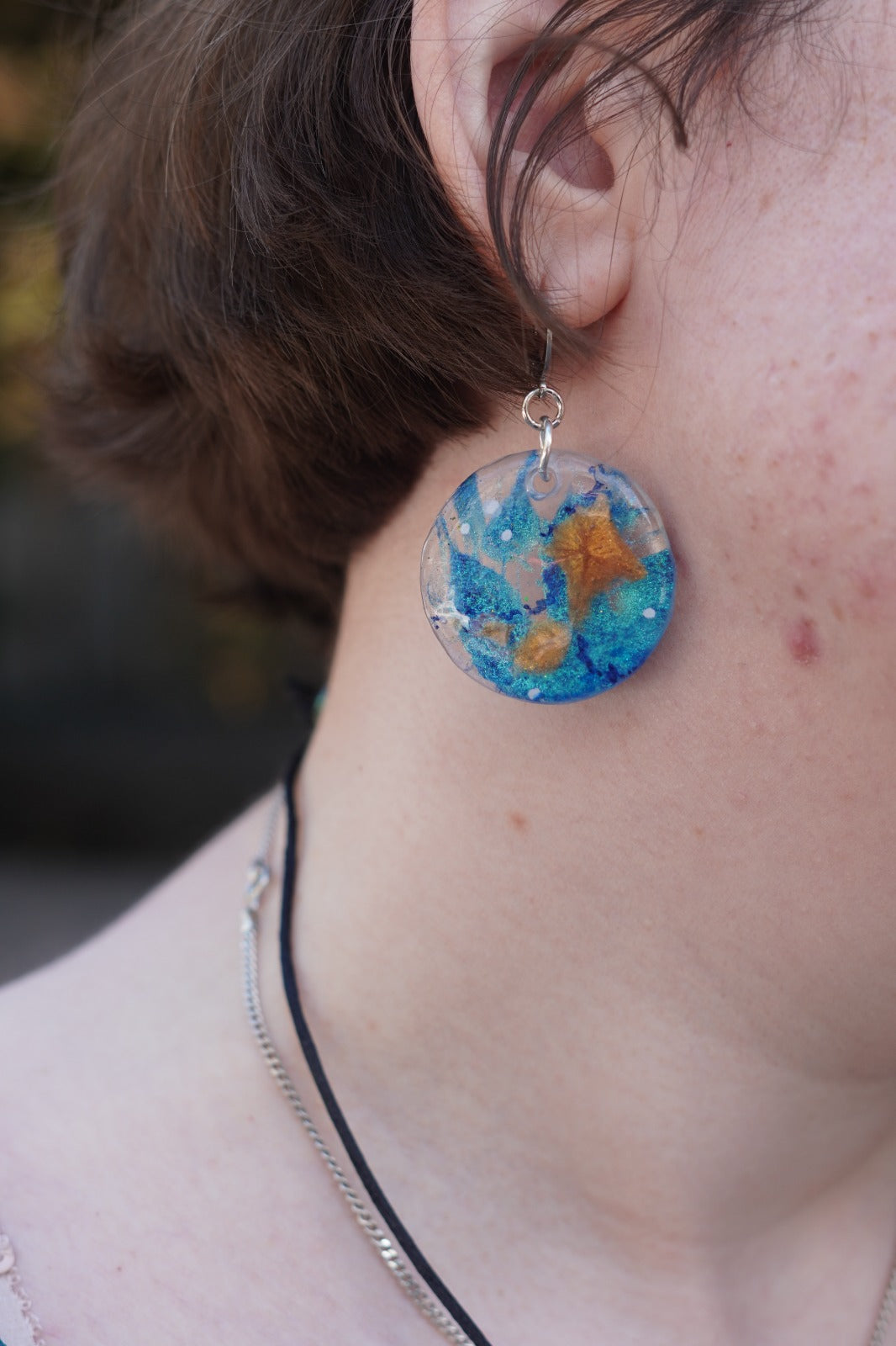 Teal and Gold Tone Mica Earrings