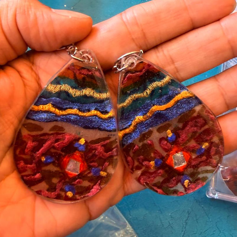 Embroidered Burgundy Tear Earrings