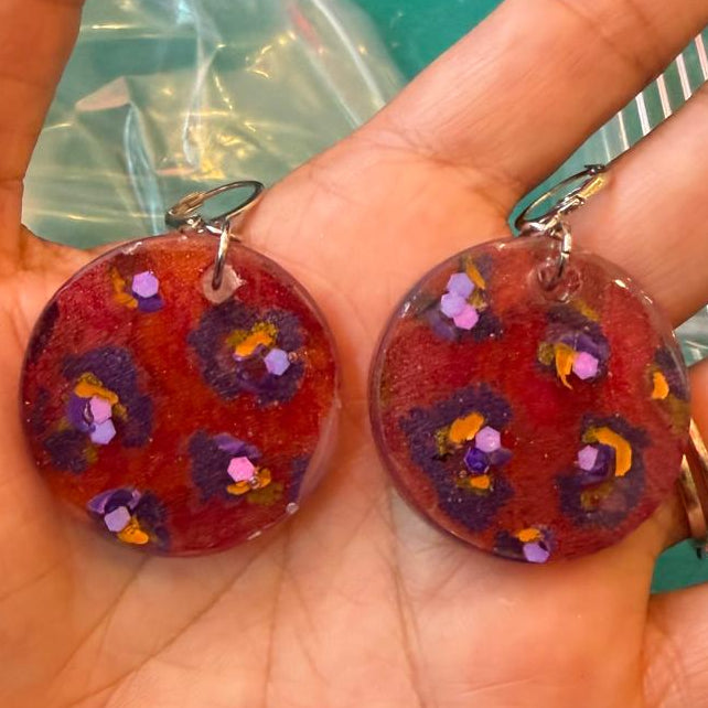 Red and Purple Leopard in Silk Resin Earrings
