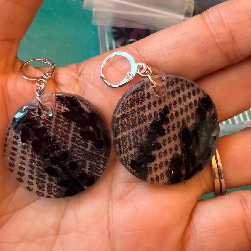 Black and White Leaf Silk in Resin Earrings