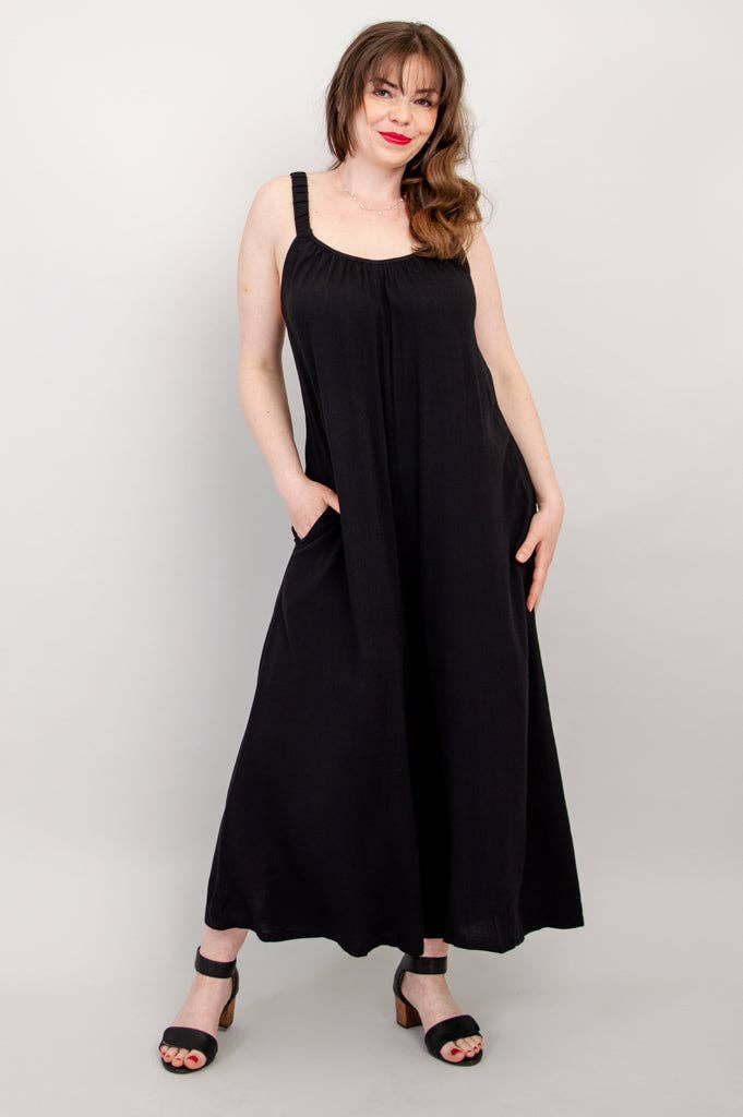 Joanna Black Linen Bamboo Jumpsuit by Blue Sky Clothing Co – Handmade ethical Jumpsuit from sariKNOTsari using upcycled silk. Designed in Canada for travel and slow fashion, loved from Toronto to LA to Sydney.