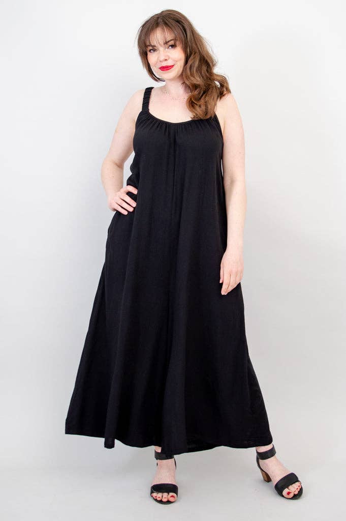 Joanna Black Linen Bamboo Jumpsuit by Blue Sky Clothing Co – Handmade ethical Jumpsuit from sariKNOTsari using upcycled silk. Designed in Canada for travel and slow fashion, loved from Toronto to LA to Sydney.