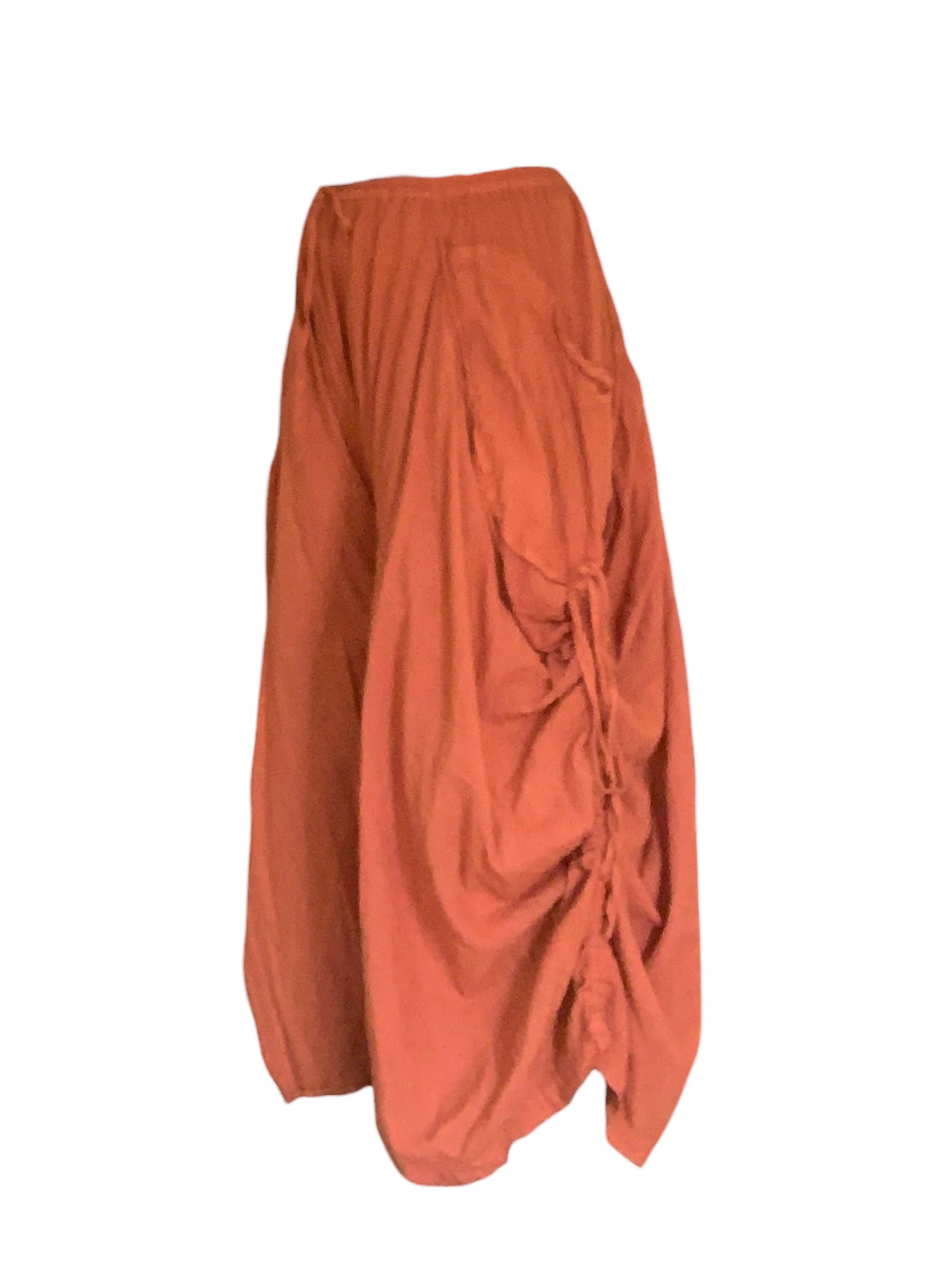 Burnt Orange Cotton Voile Tashi Versatile Pants/Skirt by Creative Design – Handmade ethical Pants/Skirt from sariKNOTsari using upcycled silk. Designed in Canada for travel and slow fashion, loved from Toronto to LA to Sydney. Featuring Zsiska, Bryn Walker and Artisan Leather coats by Rejean Pepin, Pepin designs