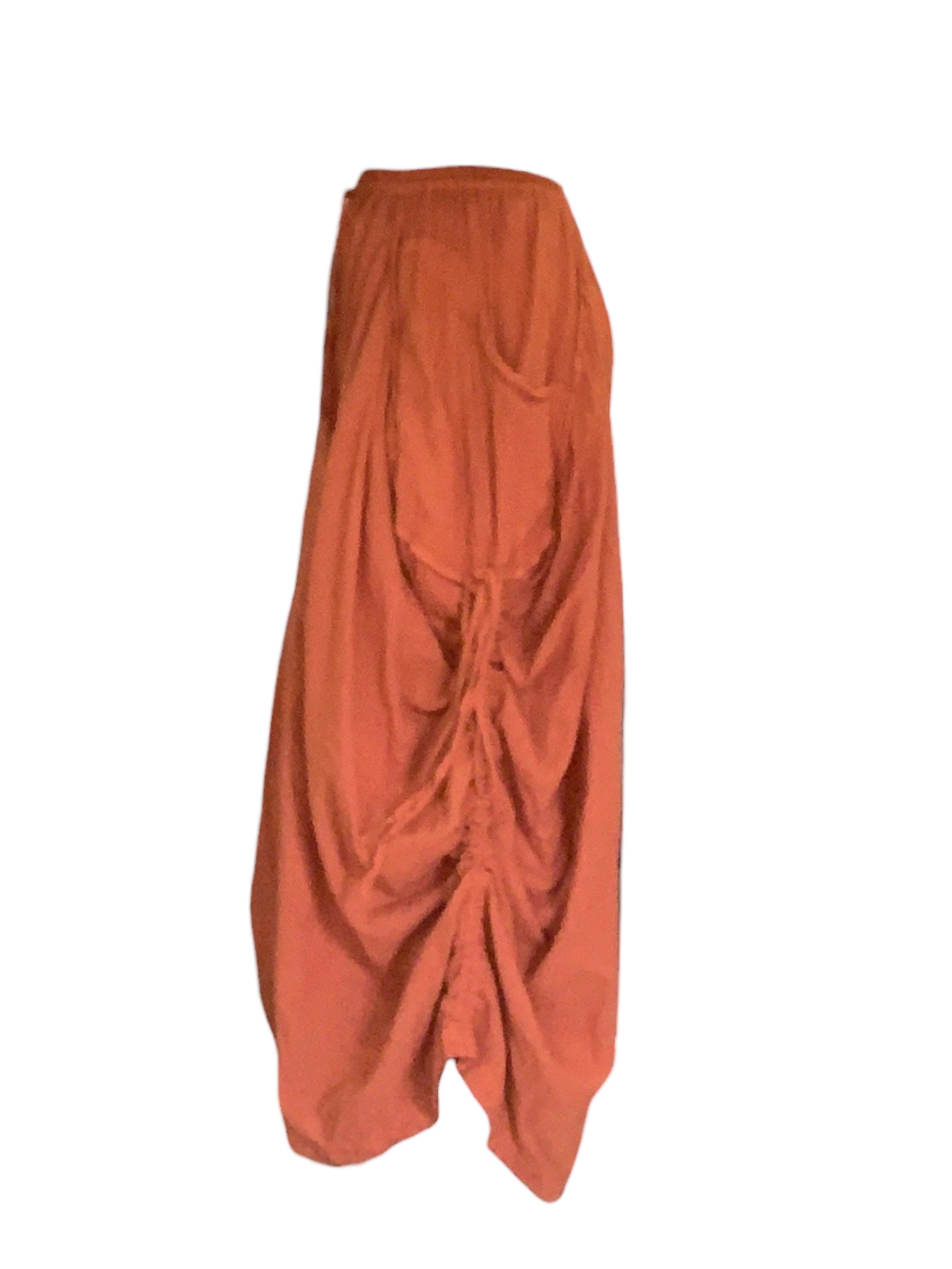 Burnt Orange Cotton Voile Tashi Versatile Pants/Skirt by Creative Design – Handmade ethical Pants/Skirt from sariKNOTsari using upcycled silk. Designed in Canada for travel and slow fashion, loved from Toronto to LA to Sydney. Featuring Zsiska, Bryn Walker and Artisan Leather coats by Rejean Pepin, Pepin designs