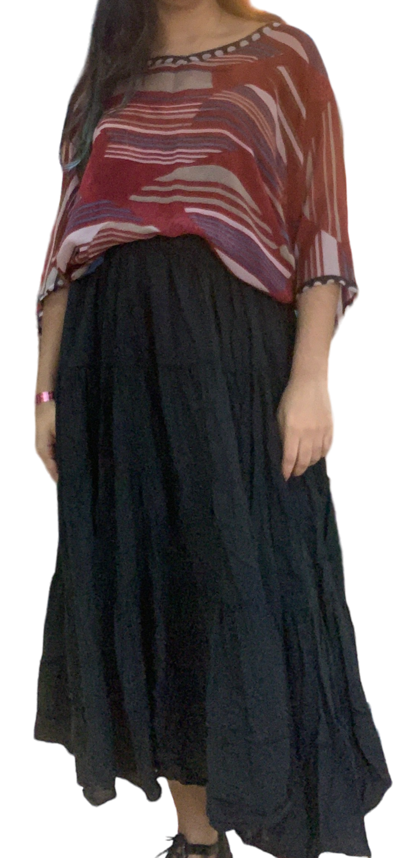 Black Cotton Voile Tiered Skirt by Creative Design – Handmade ethical Pants/Skirt from sariKNOTsari using upcycled silk. Designed in Canada for travel and slow fashion, loved from Toronto to LA to Sydney.