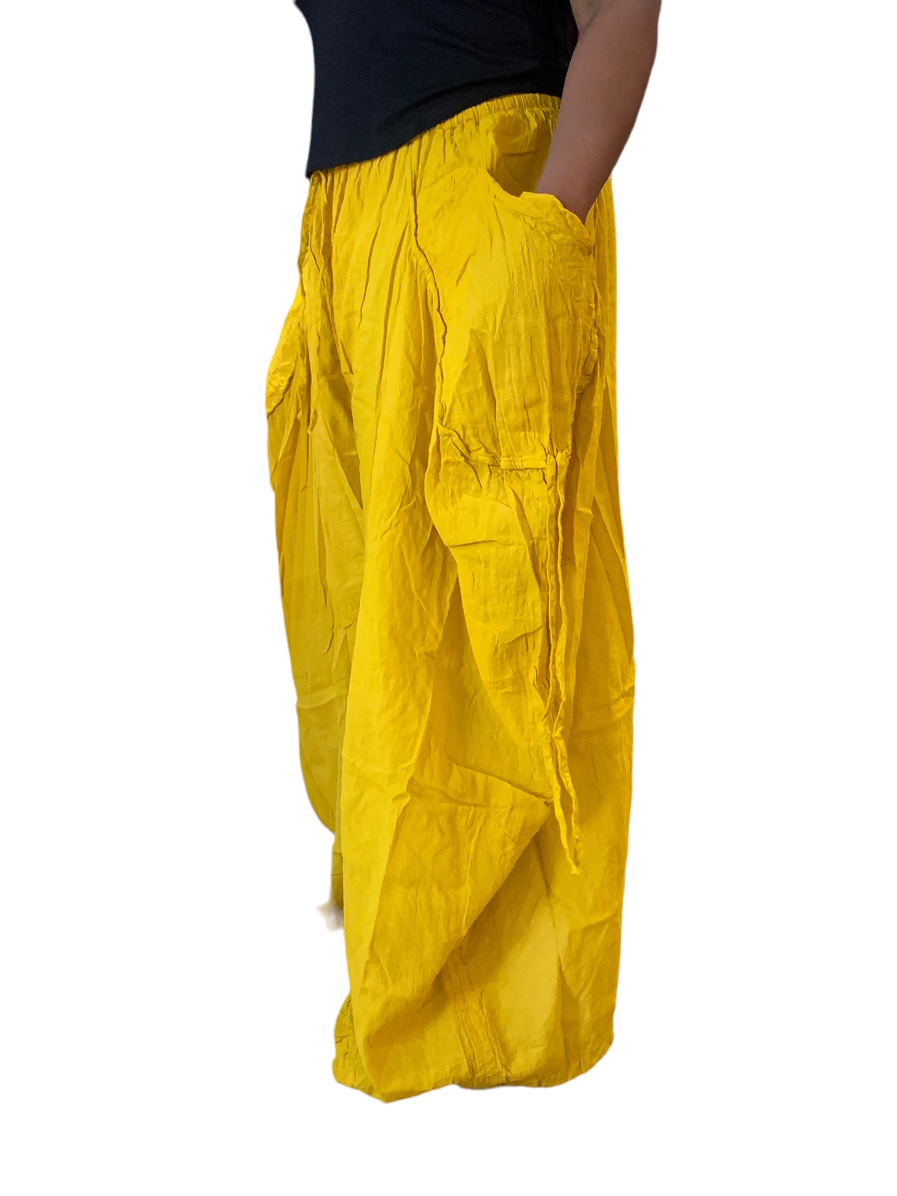 Mustard Cotton Voile Tashi Versatile Pants/Skirt by Creative Design – Handmade ethical Pants/Skirt from sariKNOTsari using upcycled silk. Designed in Canada for travel and slow fashion, loved from Toronto to LA to Sydney. Featuring Zsiska, Bryn Walker and Artisan Leather coats by Rejean Pepin, Pepin designs