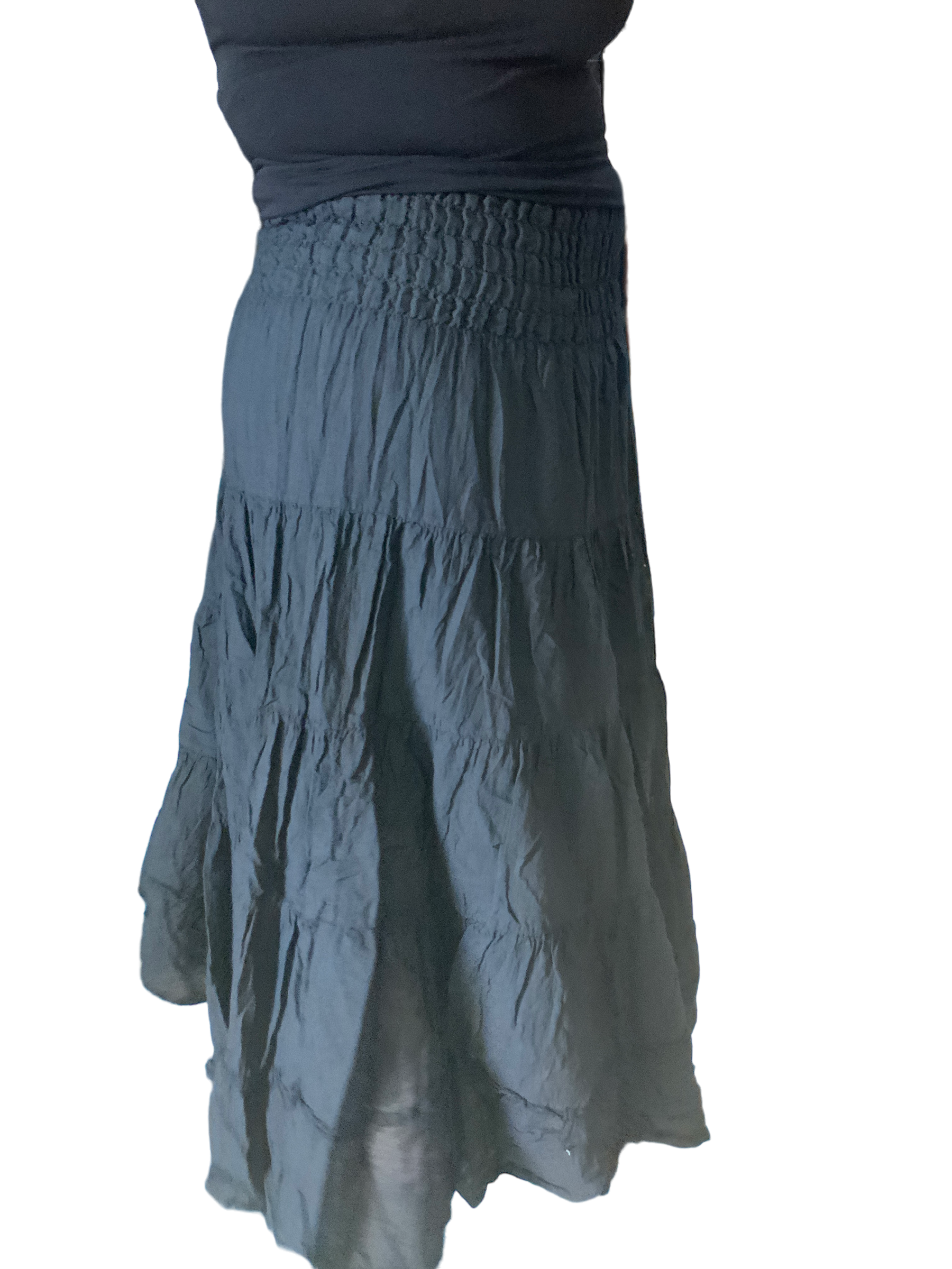 Black Cotton Voile Tiered Skirt by Creative Design – Handmade ethical Pants/Skirt from sariKNOTsari using upcycled silk. Designed in Canada for travel and slow fashion, loved from Toronto to LA to Sydney.