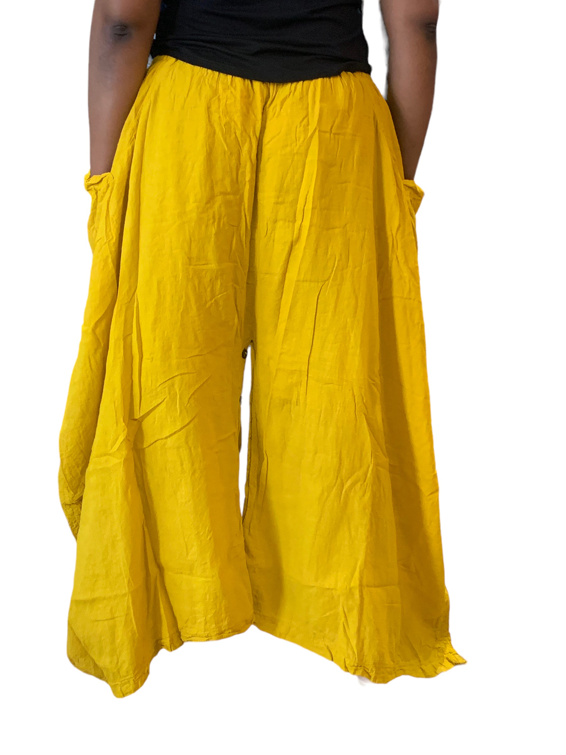Mustard Cotton Voile Tashi Versatile Pants/Skirt by Creative Design – Handmade ethical Pants/Skirt from sariKNOTsari using upcycled silk. Designed in Canada for travel and slow fashion, loved from Toronto to LA to Sydney. Featuring Zsiska, Bryn Walker and Artisan Leather coats by Rejean Pepin, Pepin designs