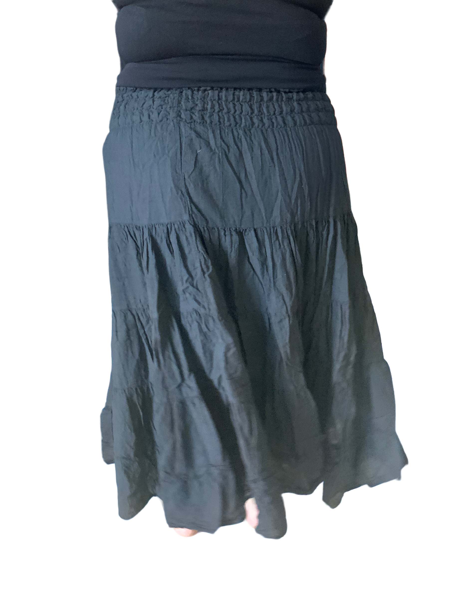 Black Cotton Voile Tiered Skirt by Creative Design – Handmade ethical Pants/Skirt from sariKNOTsari using upcycled silk. Designed in Canada for travel and slow fashion, loved from Toronto to LA to Sydney.