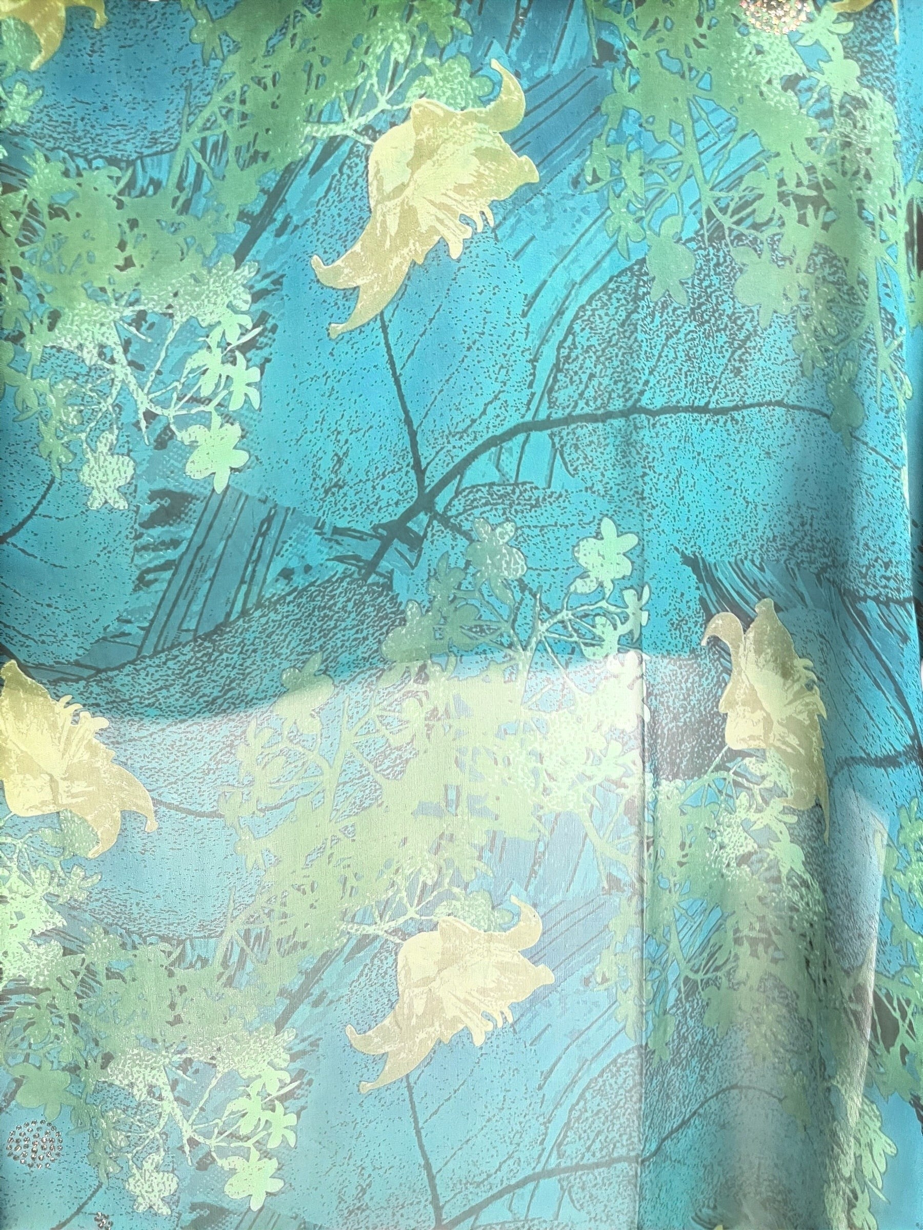 sariKNOTsari blue and green sheer silk hi-lo top with floral and leaf print