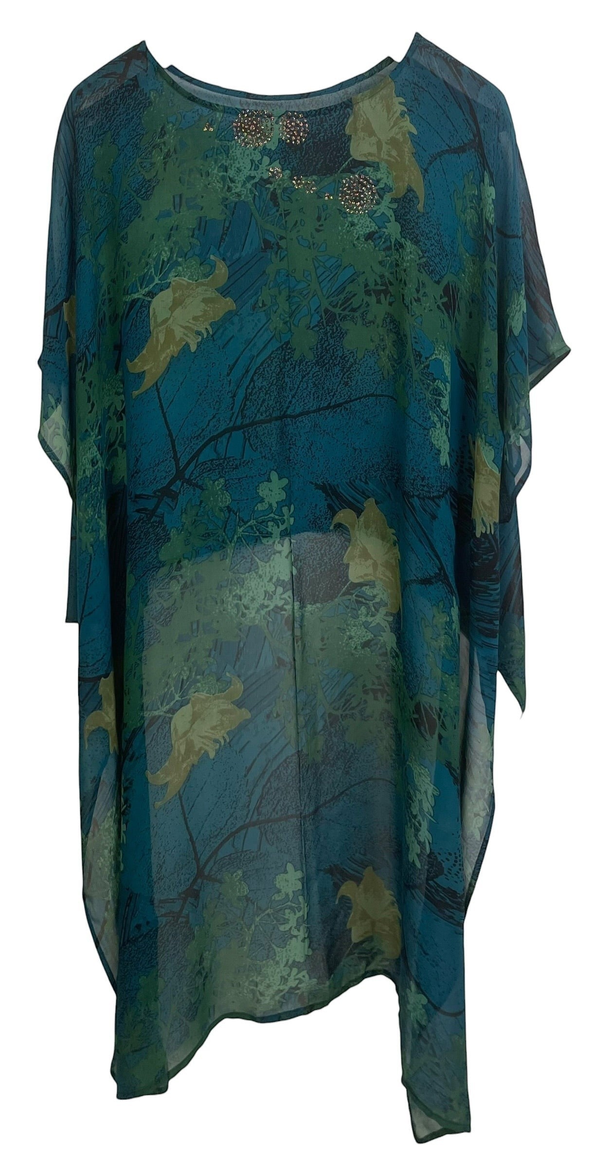 sariKNOTsari teal and green sheer silk hi-lo top with floral and branch print, embellished neckline