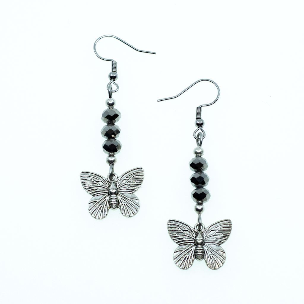 Grey Crystal Bead Butterfly Charm Earrings