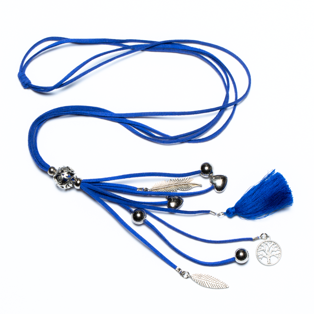 Royal Blue Suede Necklace With Tassel & Charms