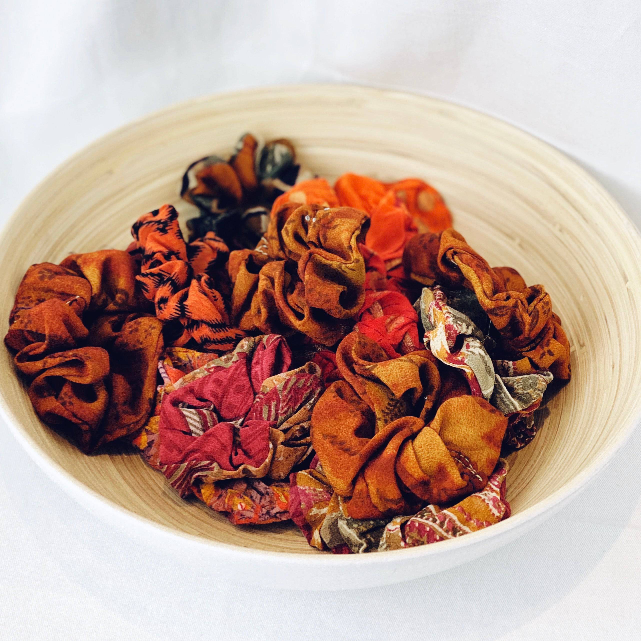 Fire Pure Silk Hair Scrunchie - sariKNOTsari slow fashion bryn walker sorry not sorry linen Hamilton sustainable fashion gifts sari not sari Hamilton Fair trade Ethical Artisan made Zero waste Up-cycled Slow Fashion Handmade GTA Toronto Copper Pure Upcycled vintage silk handmade recycled recycle copper pure silk travel clothing hamilton vacation cruisewear resortwear bathing suit bathingsuit vacation etsy silk clothing gifts gift dress top pants linen bryn walker alive intentions kaarigar elephants