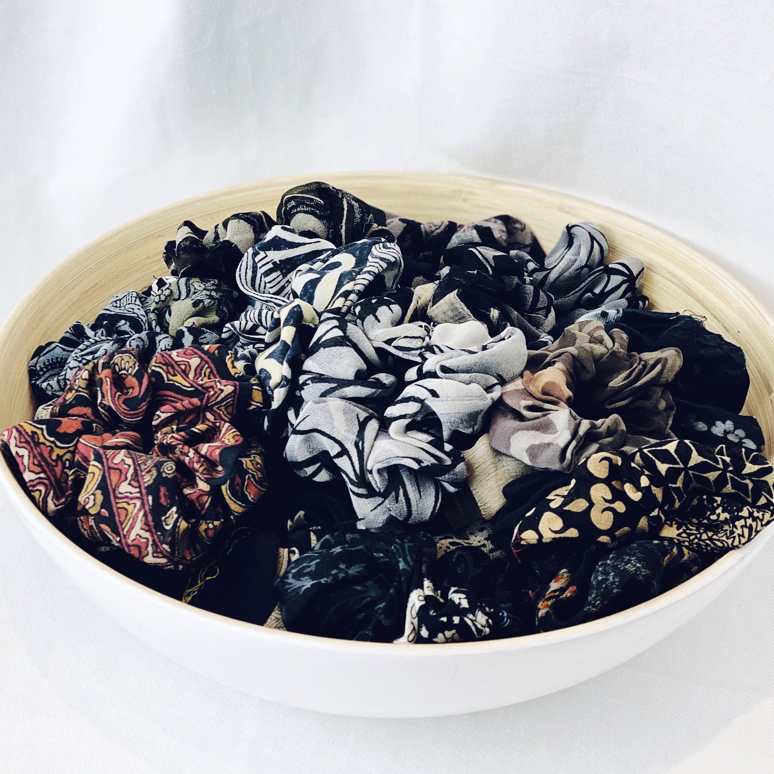 Night Pure Silk Hair Scrunchie - sariKNOTsari slow fashion bryn walker sorry not sorry linen Hamilton sustainable fashion gifts sari not sari Hamilton Fair trade Ethical Artisan made Zero waste Up-cycled Slow Fashion Handmade GTA Toronto Copper Pure Upcycled vintage silk handmade recycled recycle copper pure silk travel clothing hamilton vacation cruisewear resortwear bathing suit bathingsuit vacation etsy silk clothing gifts gift dress top pants linen bryn walker alive intentions kaarigar elephants