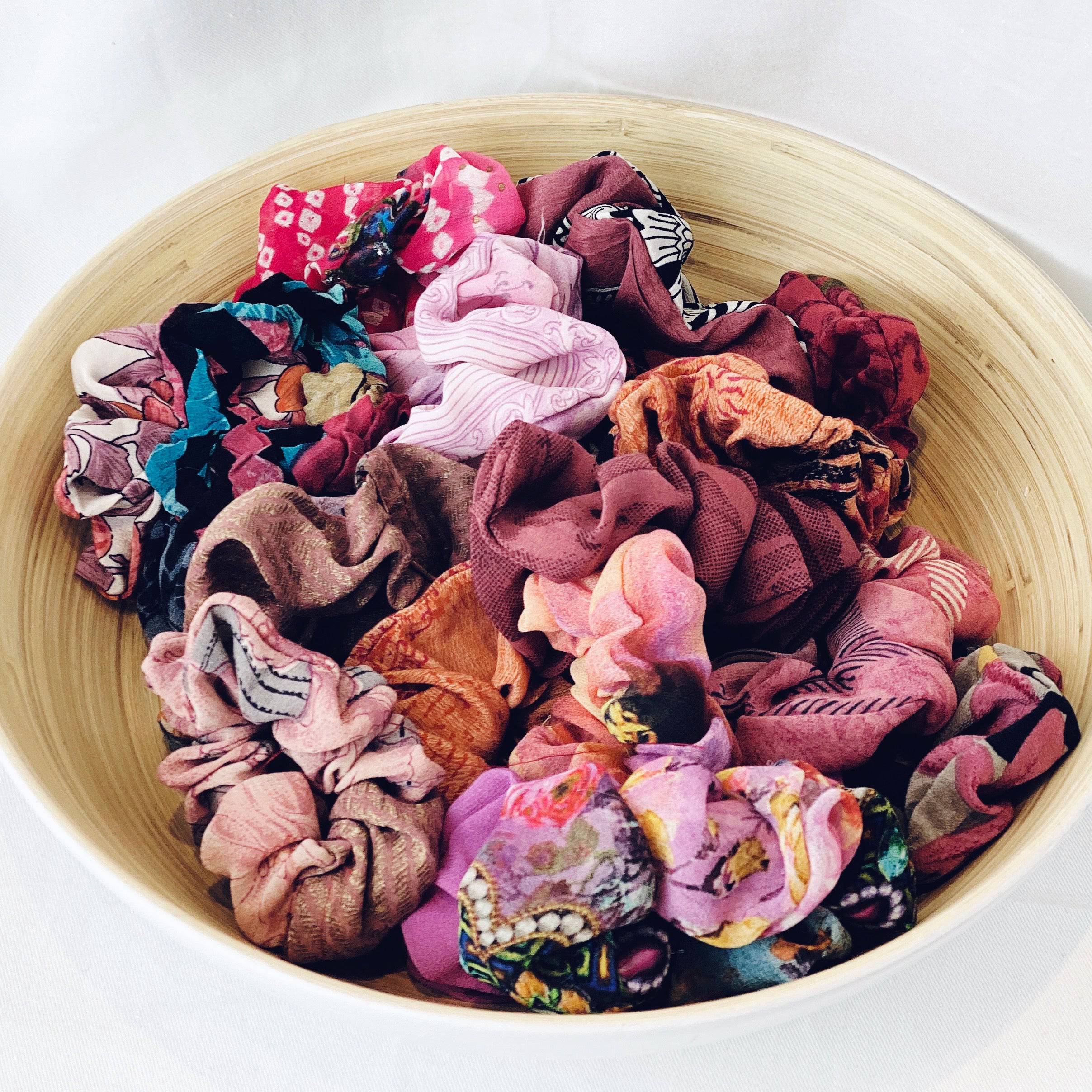 Sunrise Pure Silk Hair Scrunchie - sariKNOTsari slow fashion bryn walker sorry not sorry linen Hamilton sustainable fashion gifts sari not sari Hamilton Fair trade Ethical Artisan made Zero waste Up-cycled Slow Fashion Handmade GTA Toronto Copper Pure Upcycled vintage silk handmade recycled recycle copper pure silk travel clothing hamilton vacation cruisewear resortwear bathing suit bathingsuit vacation etsy silk clothing gifts gift dress top pants linen bryn walker alive intentions kaarigar elephants