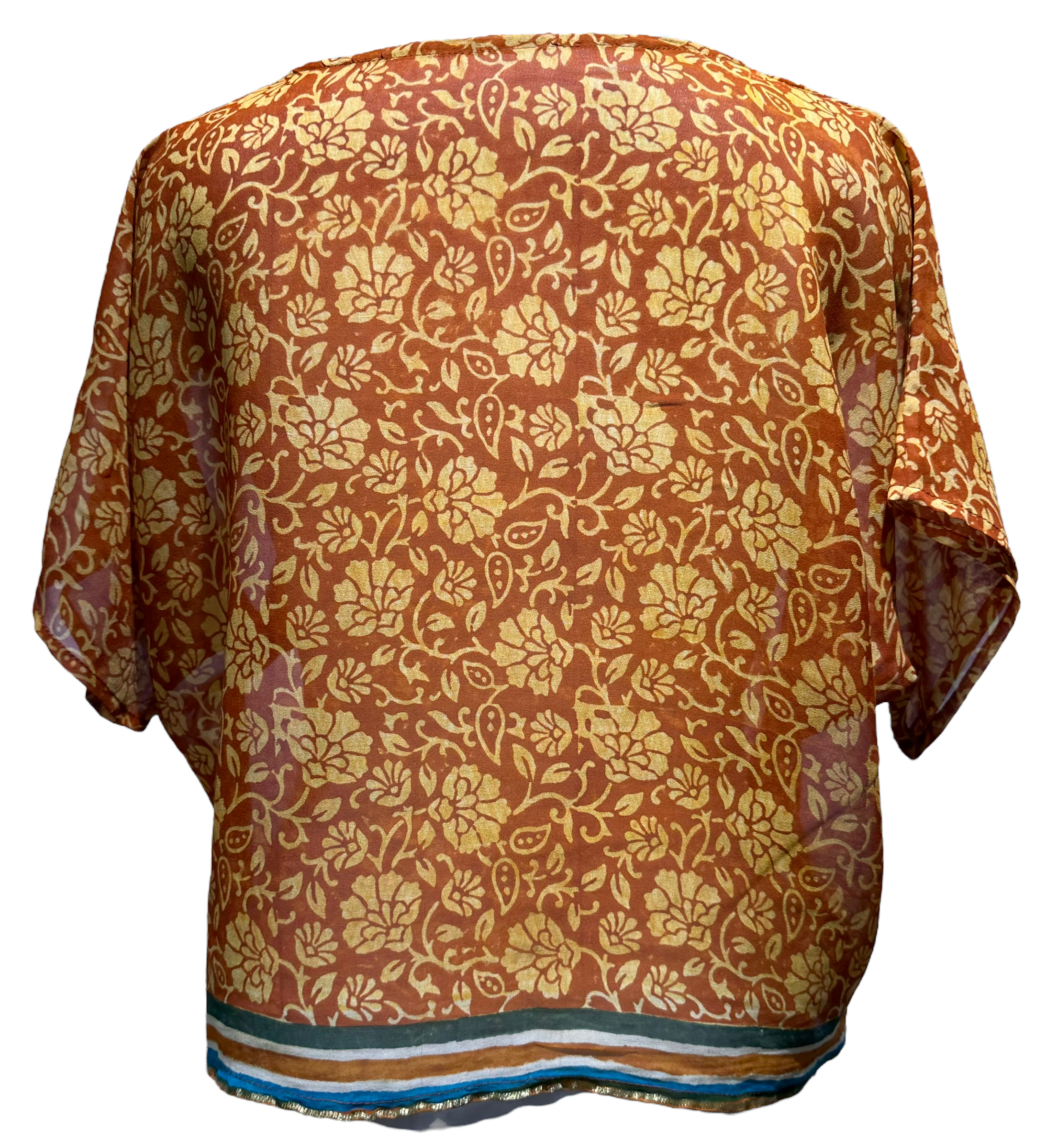 PRG2808 Sheer Pure Silk Boxy Top - sariKNOTsari slow fashion bryn walker sorry not sorry linen Hamilton sustainable fashion gifts sari not sari Hamilton Fair trade Ethical Artisan made Zero waste Up-cycled Slow Fashion Handmade GTA Toronto Copper Pure Upcycled vintage silk handmade recycled recycle copper pure silk travel clothing hamilton vacation cruisewear resortwear bathing suit bathingsuit vacation etsy silk clothing gifts gift dress top pants linen bryn walker alive intentions kaarigar elephants