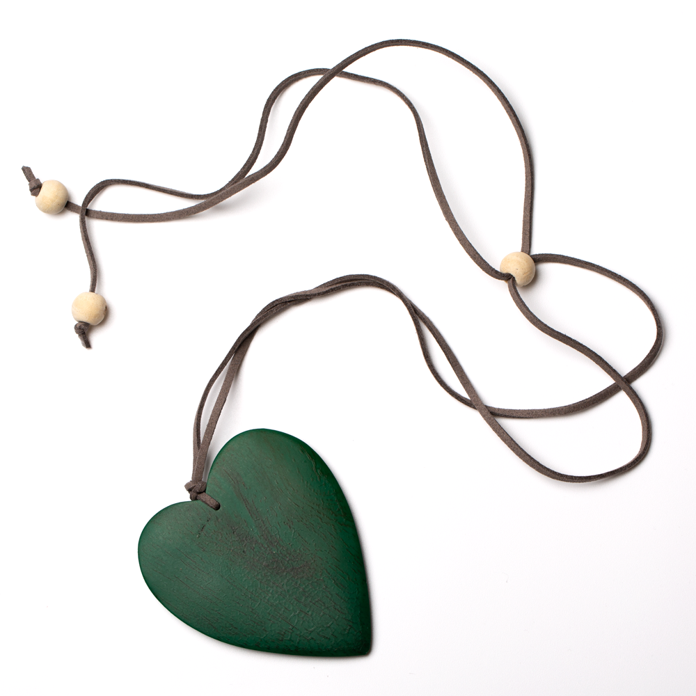 Dark Green Simple Wooden Heart Necklace - sariKNOTsari slow fashion bryn walker linen Hamilton sustainable fashion gifts sari not sari Hamilton Fair trade Ethical Artisan made Zero waste Up-cycled Slow Fashion Handmade GTA Toronto Copper Pure Upcycled vintage silk handmade recycled recycle copper pure silk travel clothing hamilton vacation cruisewear resortwear bathing suit bathingsuit vacation etsy silk clothing gifts gift dress top pants linen bryn walker alive intentions kaarigar elephants