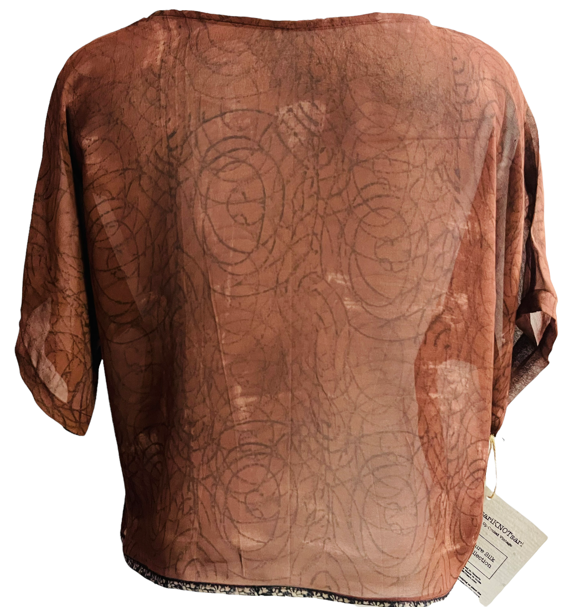 PRG766 Kemogamisis Sheer Pure Silk Boxy Top - sariKNOTsari slow fashion bryn walker linen Hamilton sustainable fashion gifts sari not sari Hamilton Fair trade Ethical Artisan made Zero waste Up-cycled Slow Fashion Handmade GTA Toronto Copper Pure Upcycled vintage silk handmade recycled recycle copper pure silk travel clothing hamilton vacation cruisewear resortwear bathing suit bathingsuit vacation etsy silk clothing gifts gift dress top pants linen bryn walker alive intentions kaarigar elephants