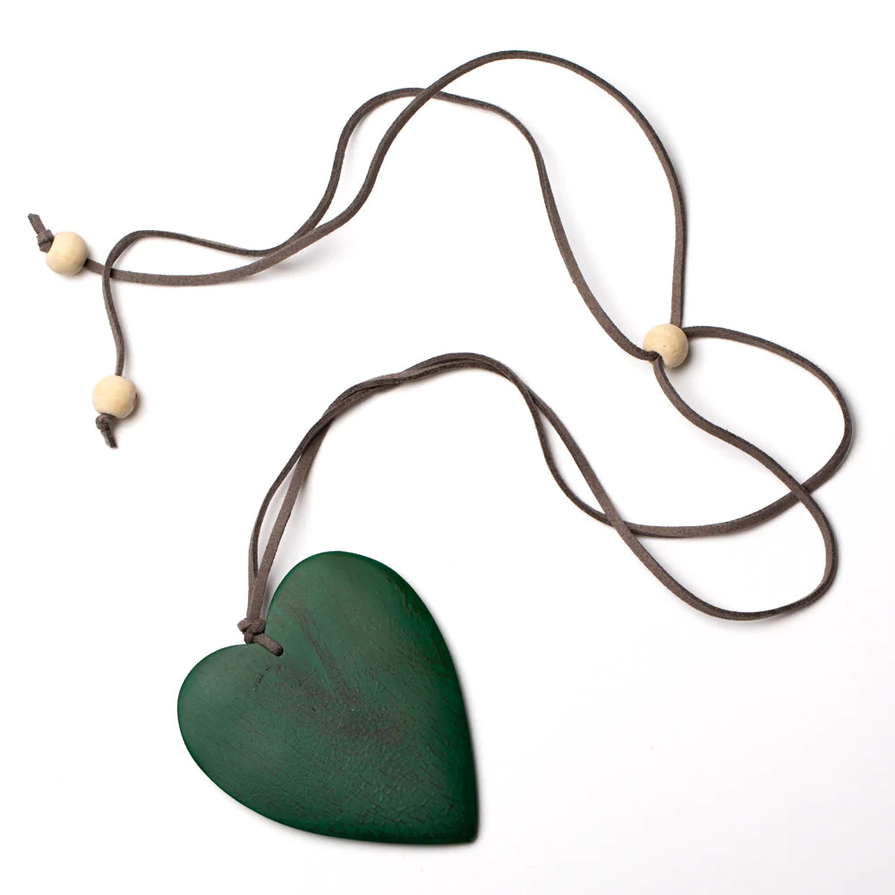 Dark Green Simple Wooden Heart Necklace - sariKNOTsari slow fashion bryn walker linen Hamilton sustainable fashion gifts sari not sari Hamilton Fair trade Ethical Artisan made Zero waste Up-cycled Slow Fashion Handmade GTA Toronto Copper Pure Upcycled vintage silk handmade recycled recycle copper pure silk travel clothing hamilton vacation cruisewear resortwear bathing suit bathingsuit vacation etsy silk clothing gifts gift dress top pants linen bryn walker alive intentions kaarigar elephants